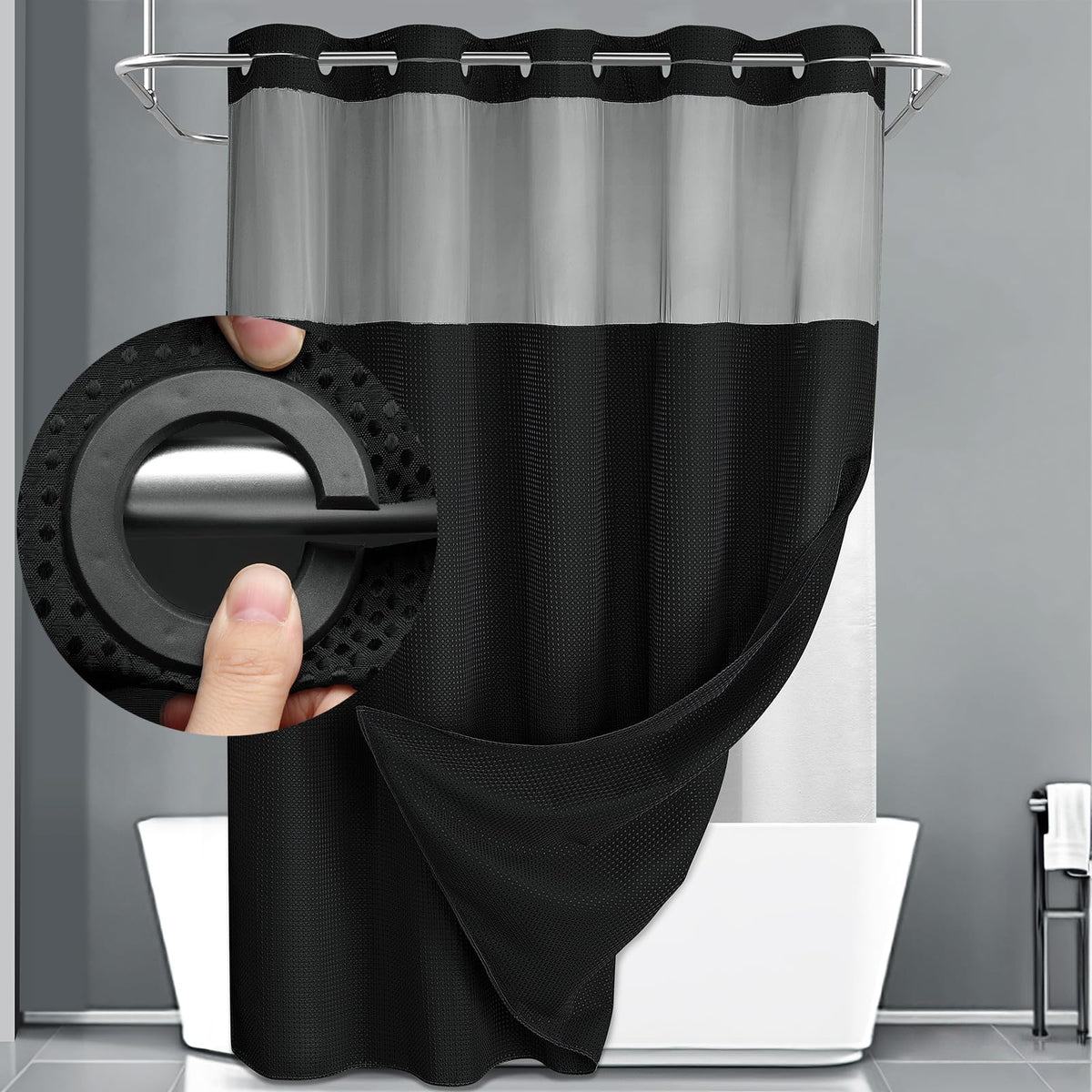 Yellyhommy No Hook Shower Curtain With Snap In Liner Set Less Time Black Waffle Shower Curtain For Bathroom 81' L X 72' W