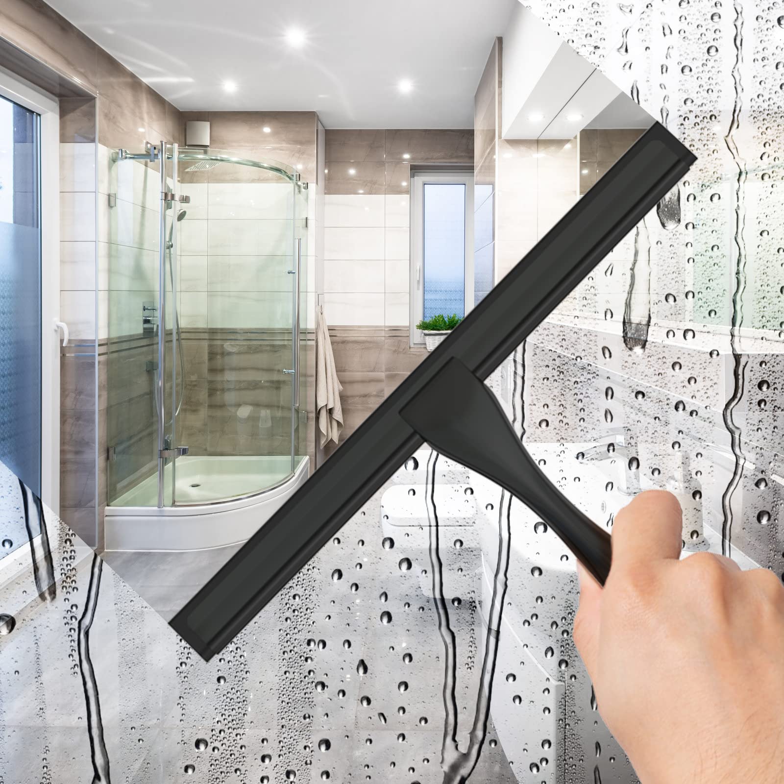 All-Purpose Stainless Steel Shower Squeegee For Shower Doors With 2 Adhesive Hooks, Bathroom Cleaner Tool Household Window Mirror Squeegee For Home Cleaning, Glass Door, Tile Wall, Car, 10 Inch Black