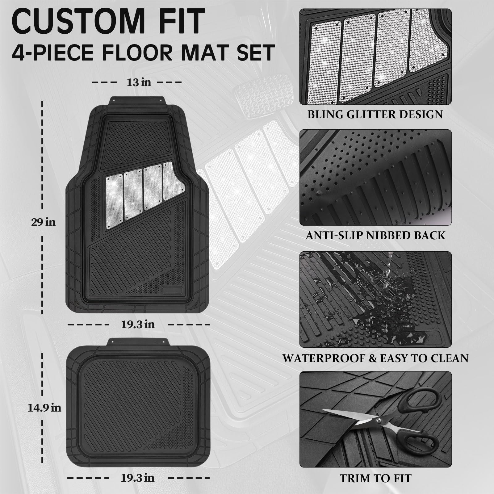 CAR PASS Heavy Duty Rubber Floor Mats 4-Piece Bling Car Mats Full Set - Universal Waterproof Floor Mats for Car SUV Truck, Durab