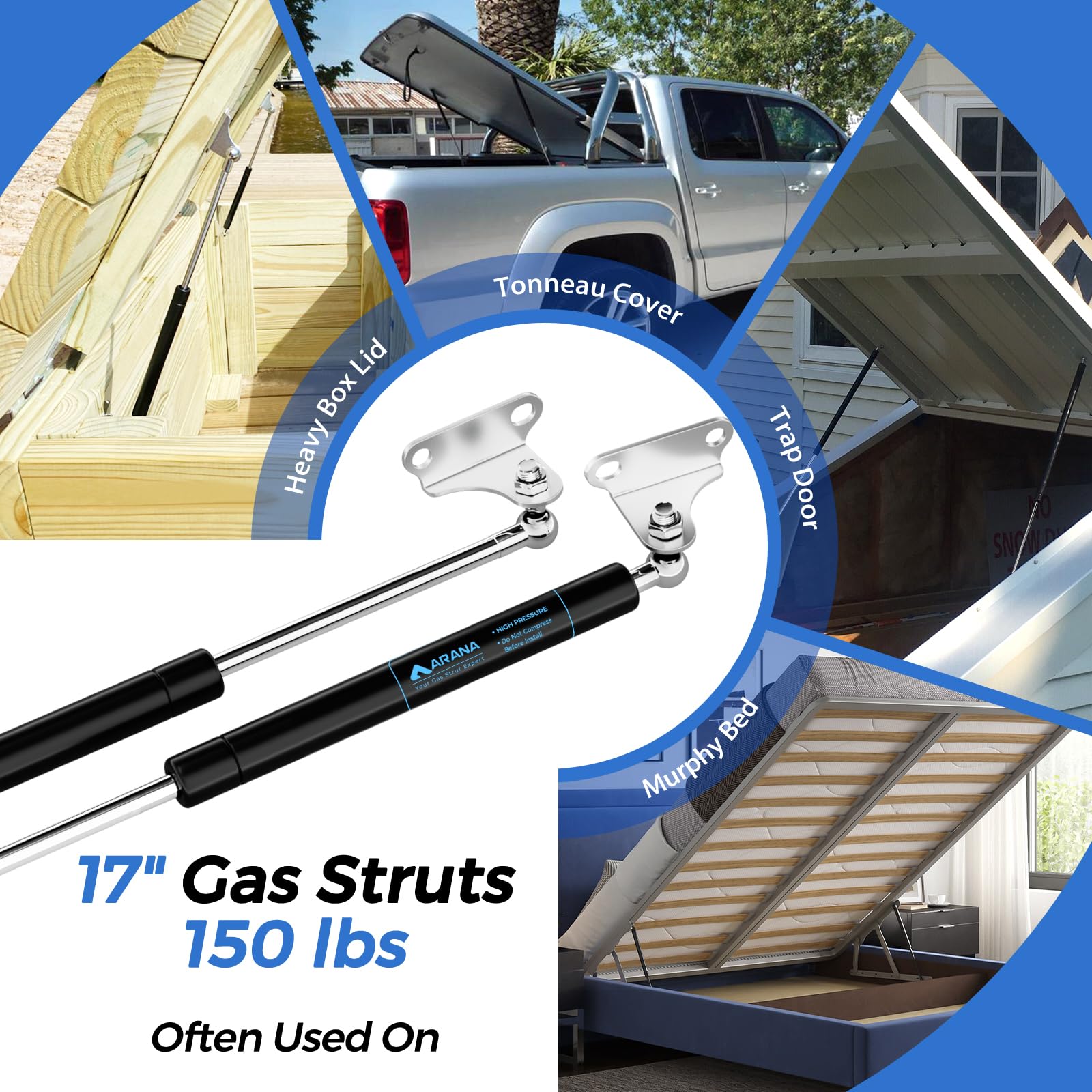 Arana Gas Struts 17 Inch 150Lb Gas Shocks Spring, 17'' 667N Gas Props Lift Support With Mounting Bracket For Heavy Duty Lid Rv B