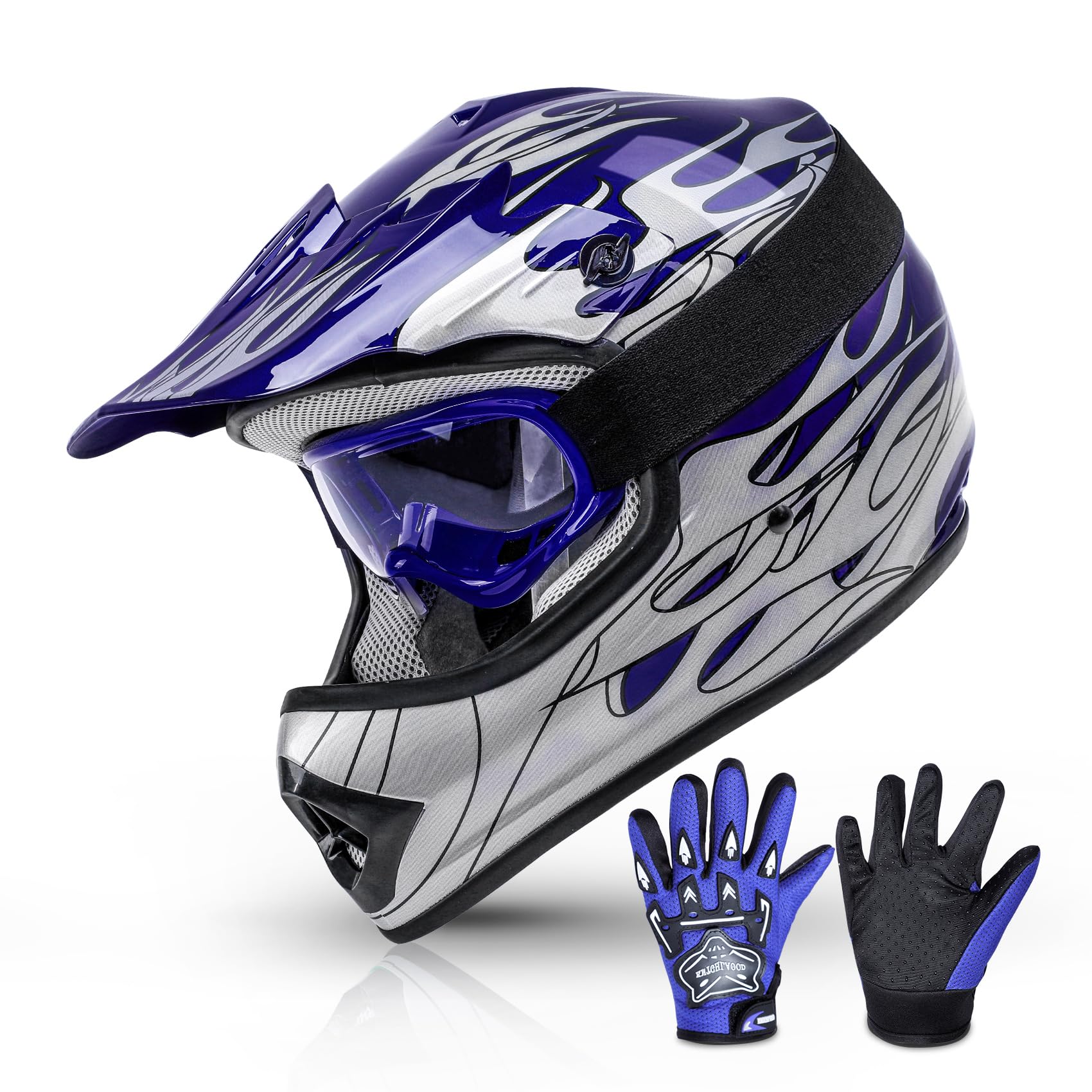 TCMT Dot Youth & Kids Motocross Offroad Street Blue Flame Motorcycle Youth Helmet Dirt Bike Motocross ATV Helmet+Goggles+Gloves 