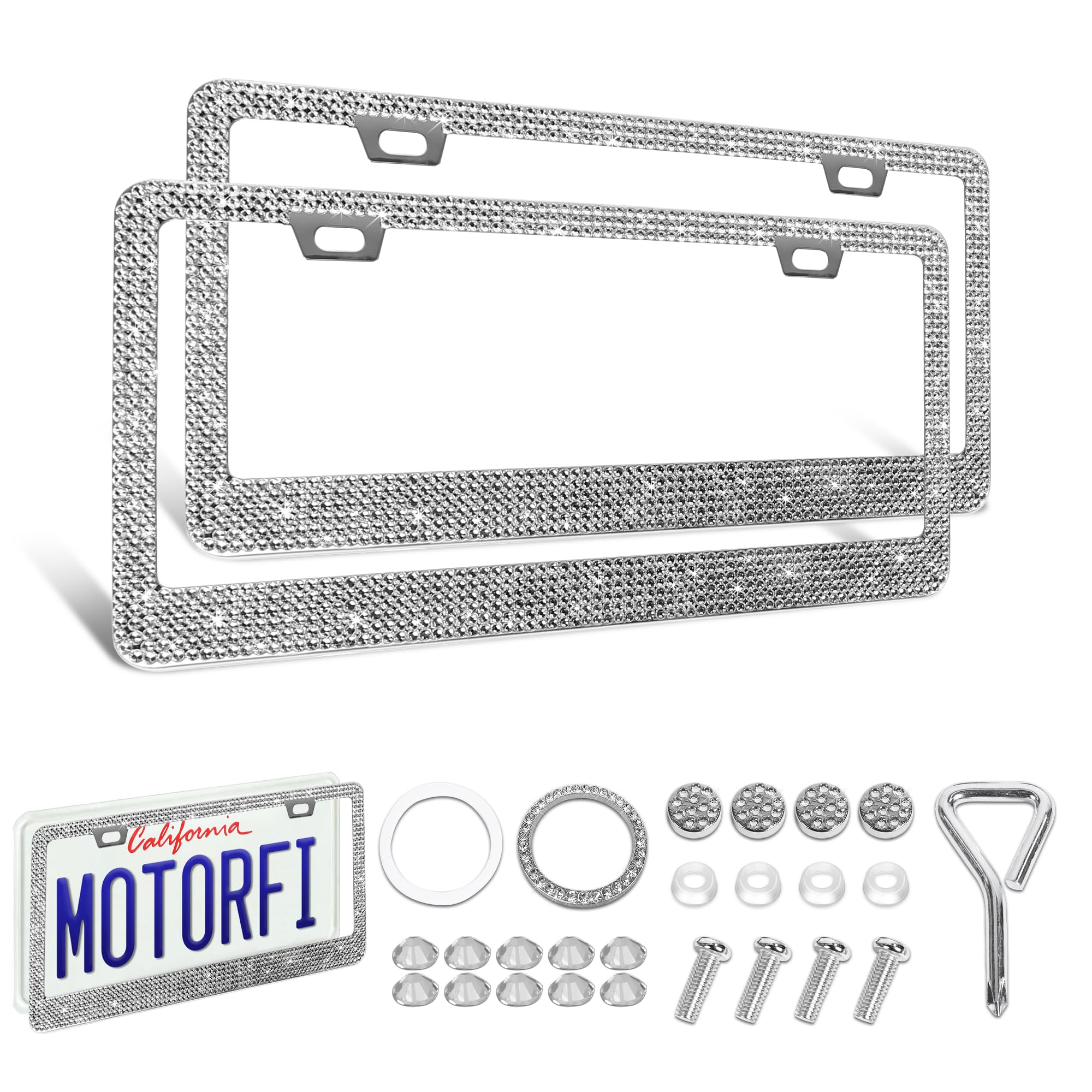 Motorfi 2 Pack Silver Bling License Plate Frames For Women - Stainless Steel With Diamond Sparkly Rhinestone License Plate Holde