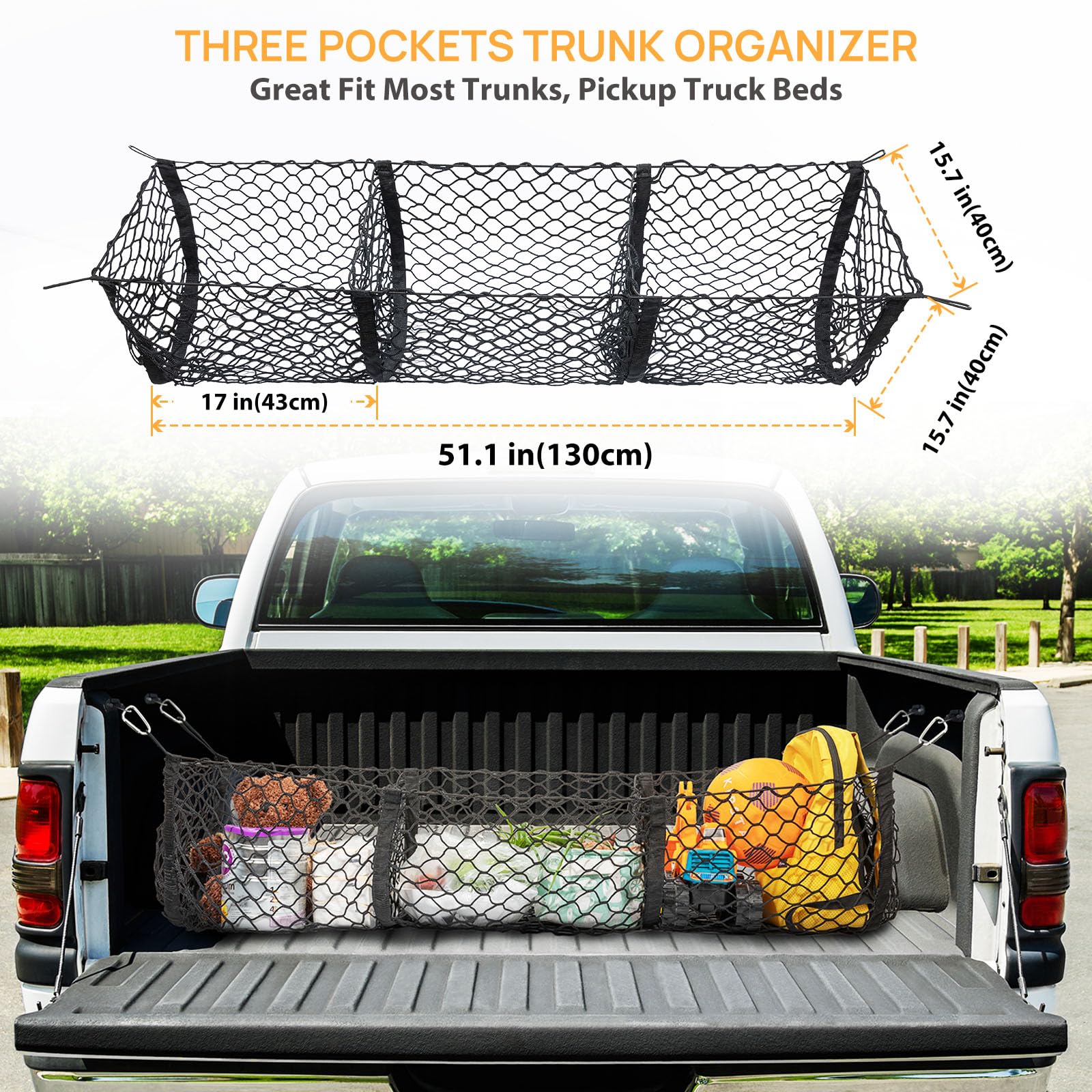 3-Pocket Truck Bed Cargo Net Organizer,Heavy Duty 51.1  15.7 Inch Mesh Storage With 4 Metal Hooks,Universal Pickup Truck Bed Acc