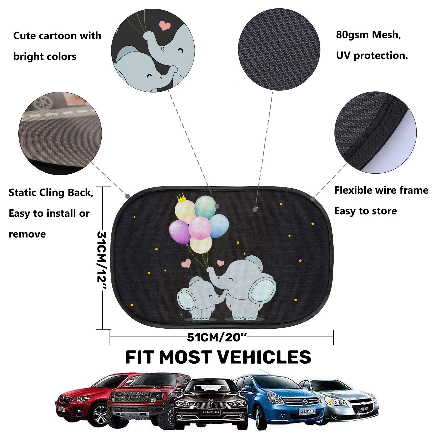 Izoel Car Sun Shade For Baby Kids 2 Pack Static Cling Side Window Car 110Gsm Rear Sunshades Universal With Storage Bag - Sun Glare And Uv Rays Protection For Your Child (Elephant)