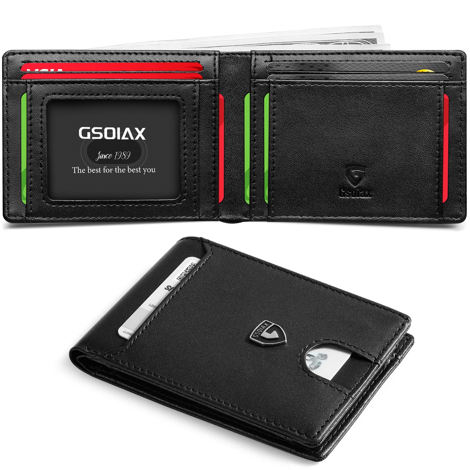 GSOIAX Slim Wallet for Men RFID Blocking Bifold Wallet Carbon Fiber Front Pocket Wallet with 11 Card Holder Minimalist Mens Wallet with Gift Box (Black-1)-New