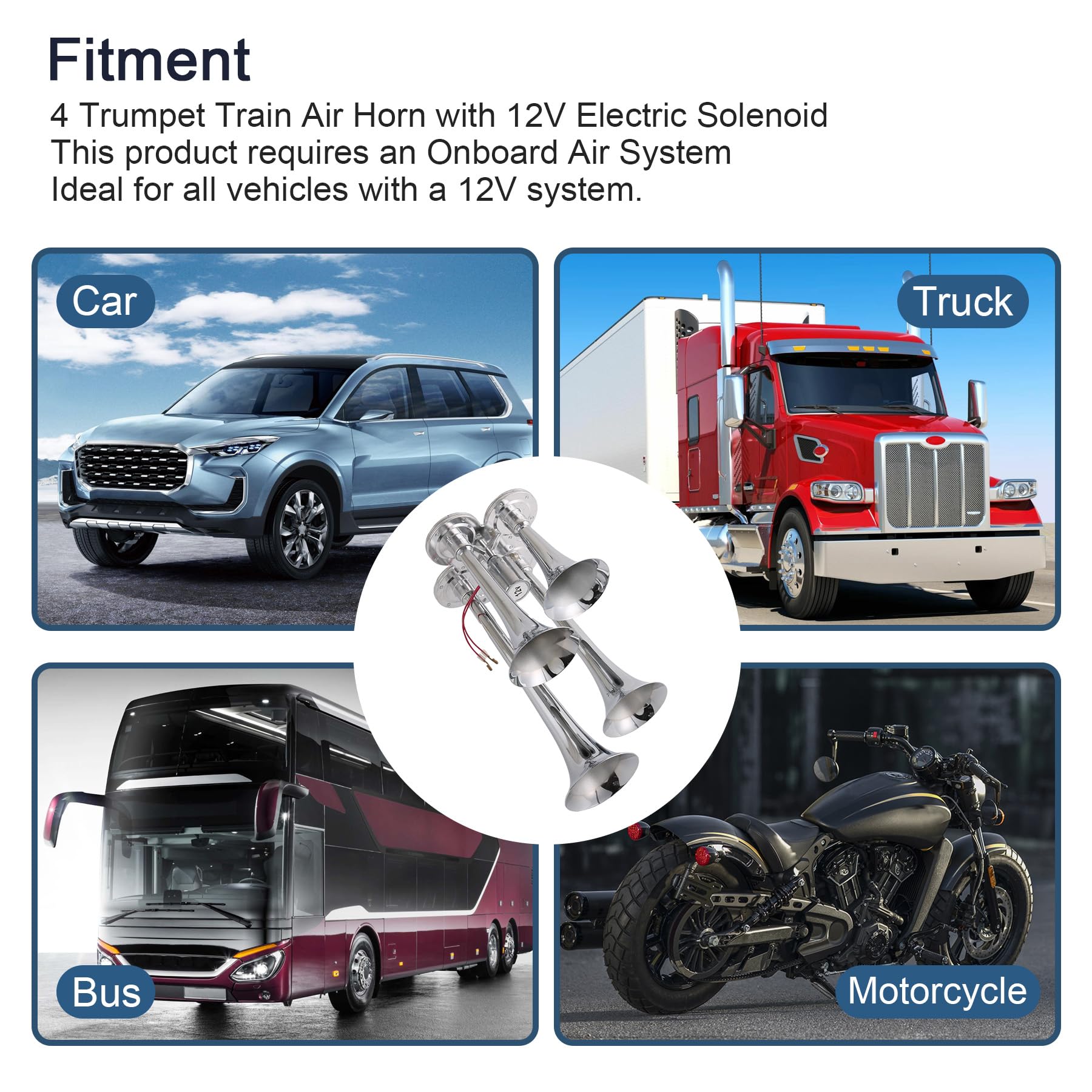 4 Trumpet Train Air Horn with 12V Electric Solenoid Universal 12 Volt Horns Loud 4 speakers ultra loud dB suitable for trucks SU
