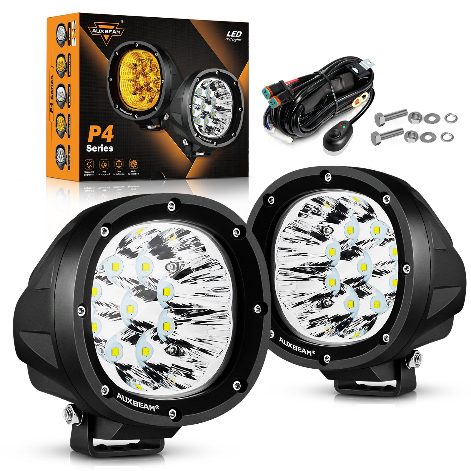 Auxbeam P4 Series 4 Inch 90W Round Led Offroad Lights, Spot Beam Led Pod Lights Off-Road Spotlights, 4X4 4Wd Driving Light Bar A