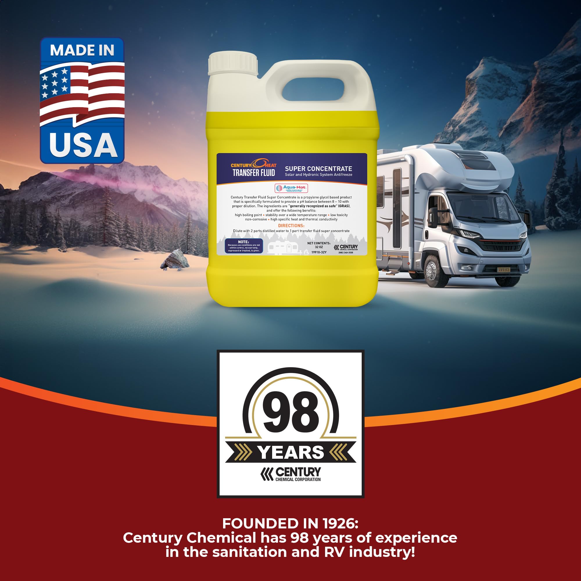 Century Chemical RV Antifreeze - Non-Corrosive Propylene Glycol, 32oz Concentrated, Recommended by Aqua-Hot, Yellow, Model 19910-32Y