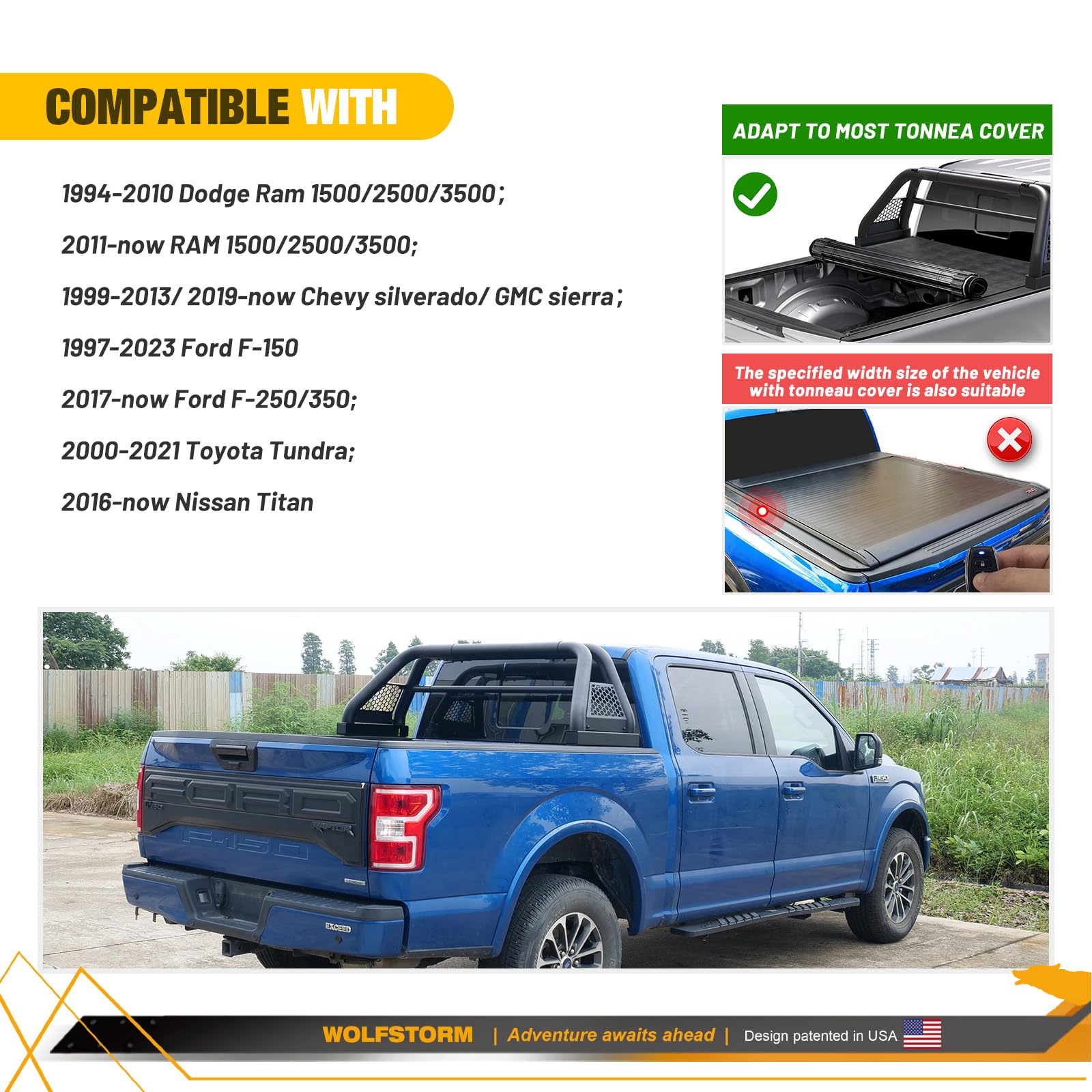 Universal Roll Bar For Pickup Truck,Wolfstorm Adjustable Sport Chase Rack Roll Bar Fit For Many Pickup Truck,Like Ford F-150/F-250/F-350/Dodge Ram/Chevy Silverado/Gmc Sierra/Toyota Tundra/Nissan Titan