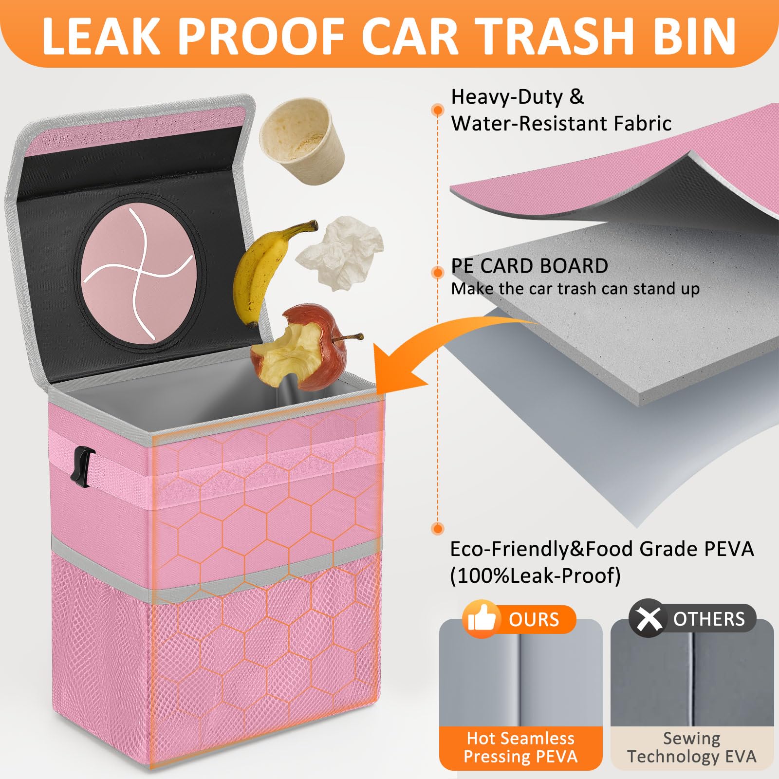 Vankor Pink Car Trash Can Cute, Pink Car Accessories For Women Waterproof Automotive Garbage Cans Leak Proof Vehicle Trash Can
