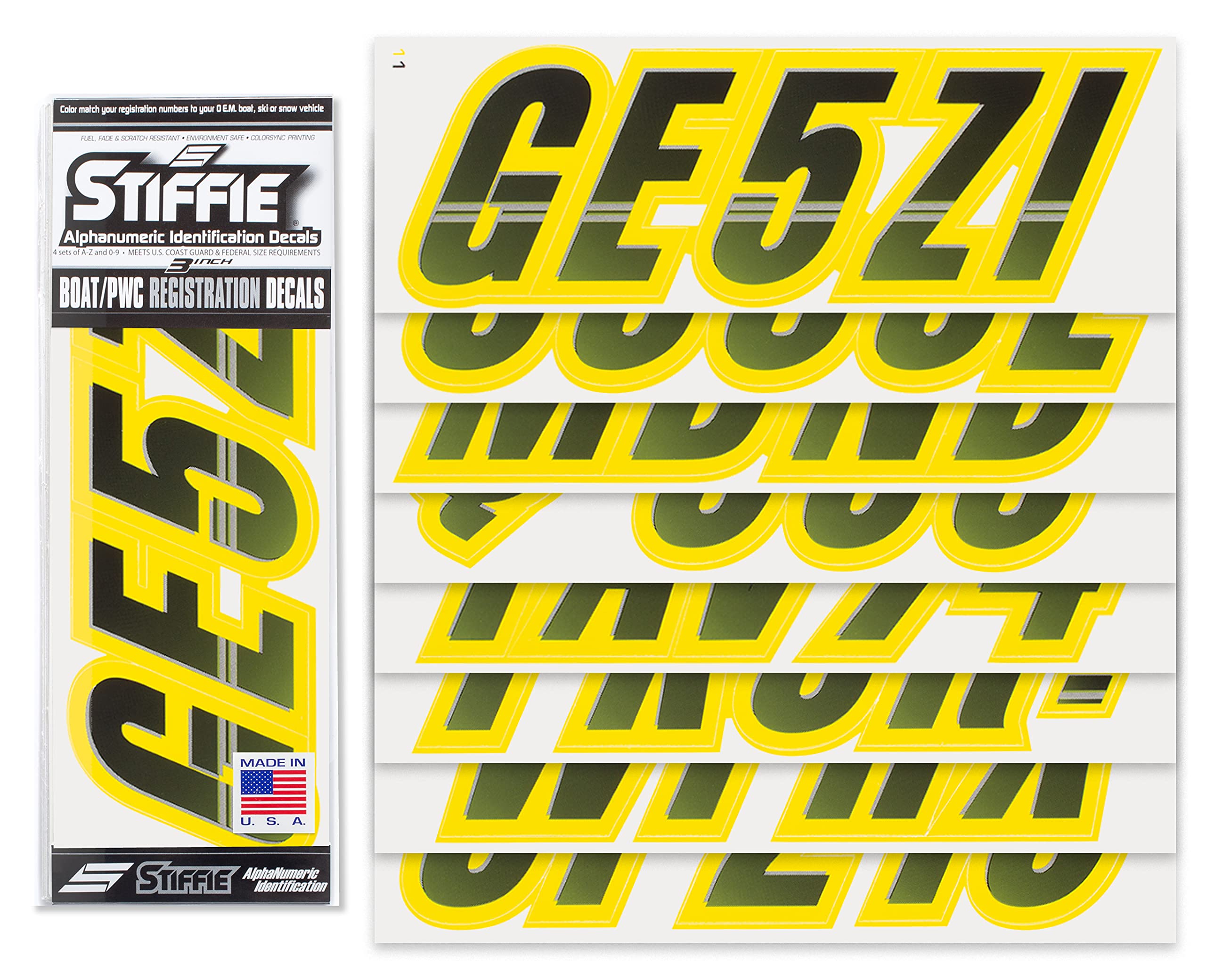 Stiffie Techtron Black/Electric Yellow 3 '' Boat & Pwc Registration Decals  Numbers Letters Stickers