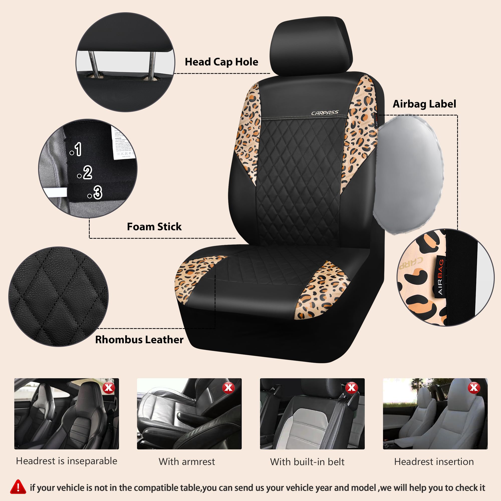 Car Pass Leather Leopard Two Front Seat Cover Only, Universal Quilting Waterproof Deluxe Pu Premium Vinyl Luxury Car Seat Cover