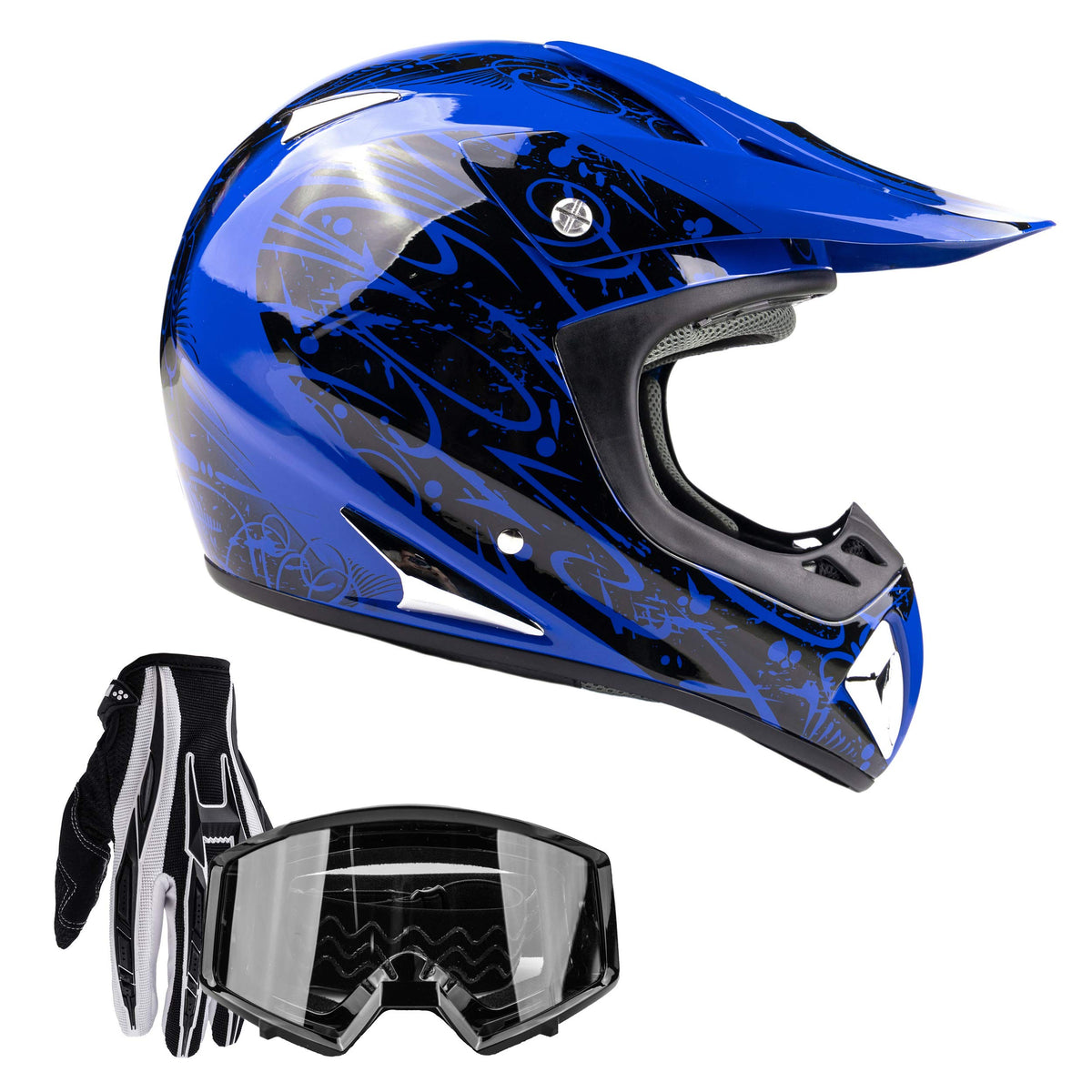 Typhoon Adult Atv Mx Helmet Goggles Gloves Gear Combo Black Blue ( Small )