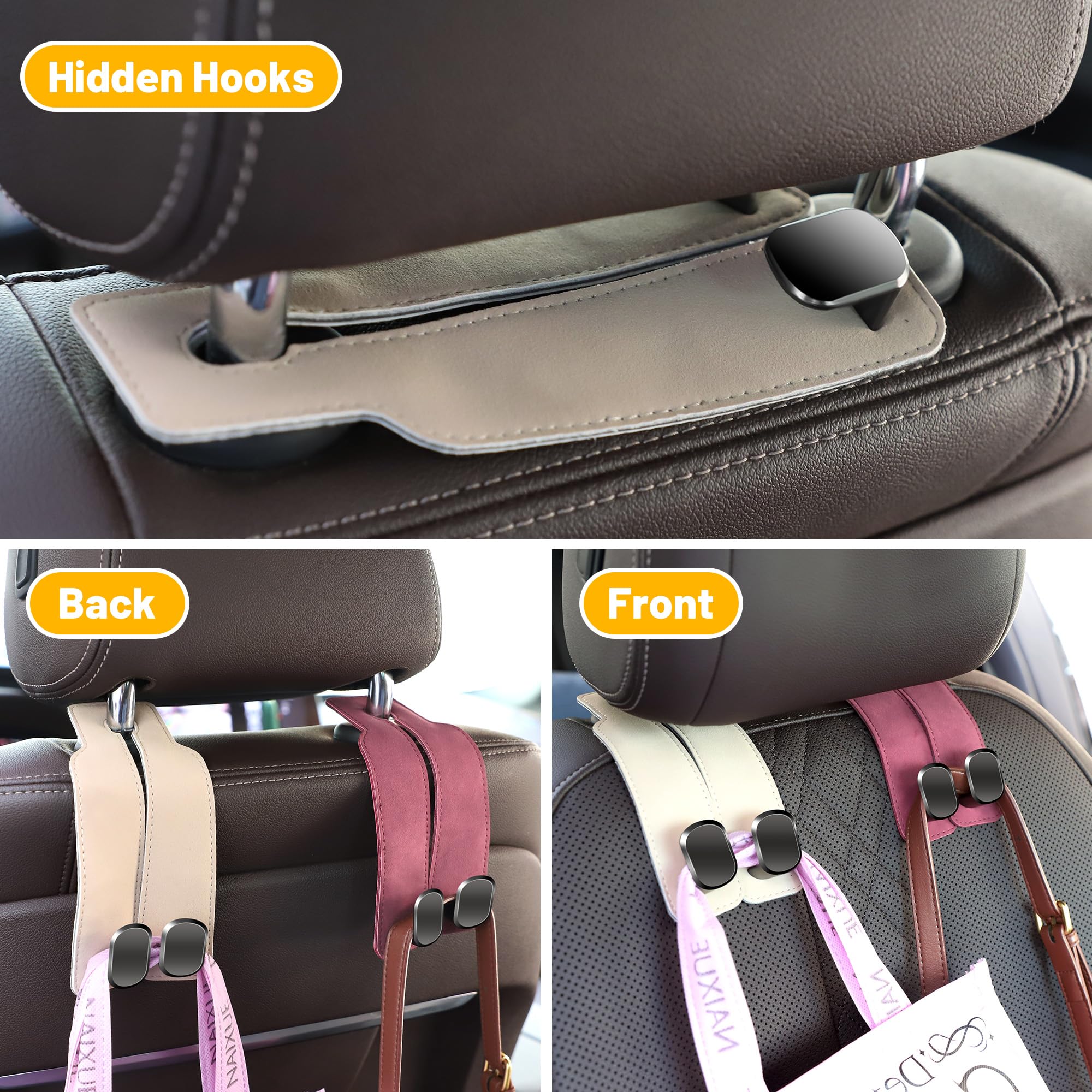 Amelity Car Seat Hooks For Headrest, Car Back Seat Headrest Hooks, Car Seat Hooks For Purses And Bags, Headrest Hooks (Beige-4 P