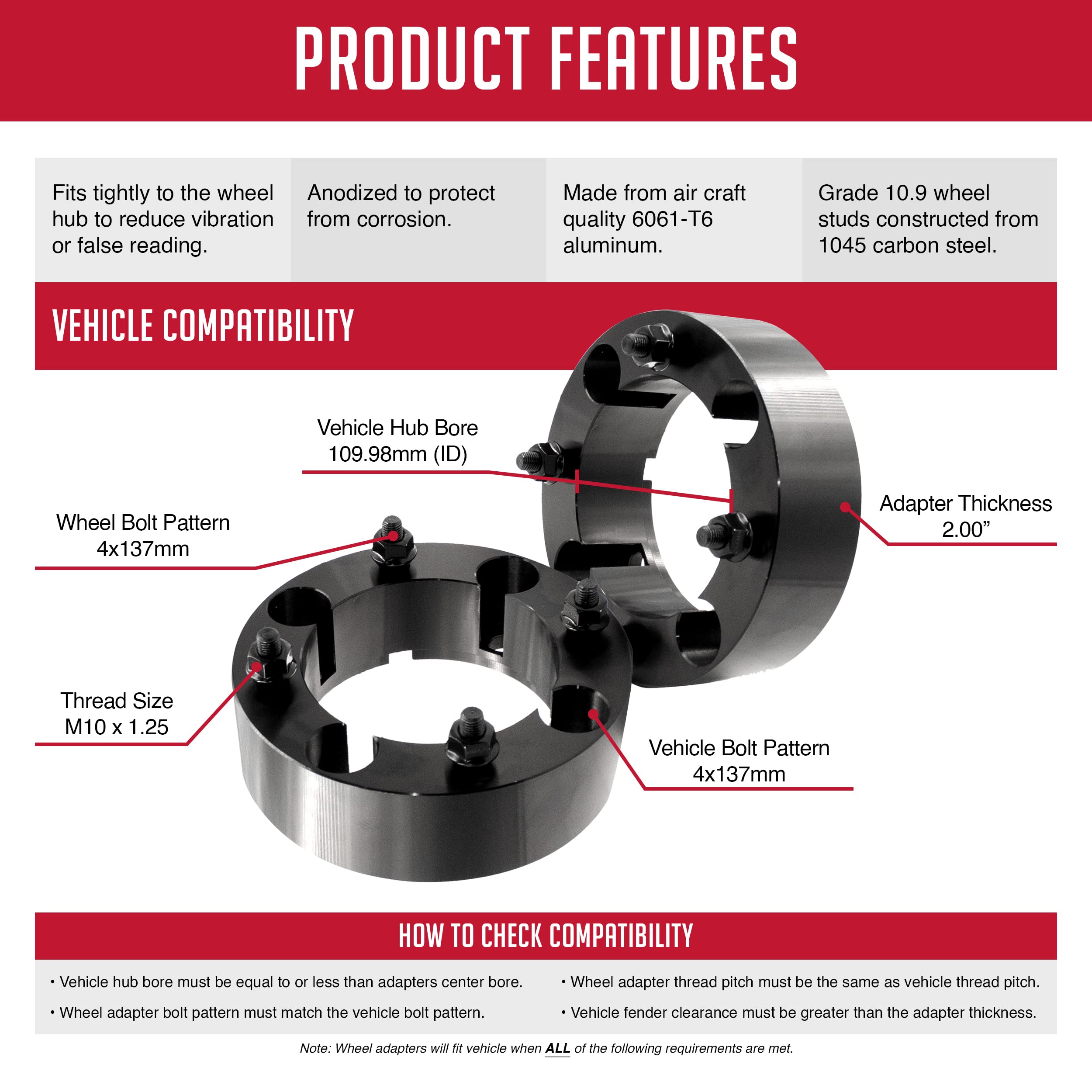 Wheel Accessories Parts Set Of 4 Atv Wheel Spacer/Adapter - Thickness: 2'' - 4X137 To 4X137 - Lug/Stud Thread: M10X1.5 - Hub Bor