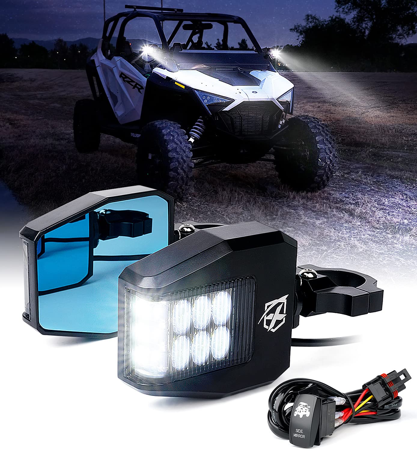 Xprite Aluminum Utv Side Rear View Mirrors Fit All 1.6-2 Inch Roll Bar Cage, Blue Anti-Glare Mirrors And Smoke Lens Led Spot Lig