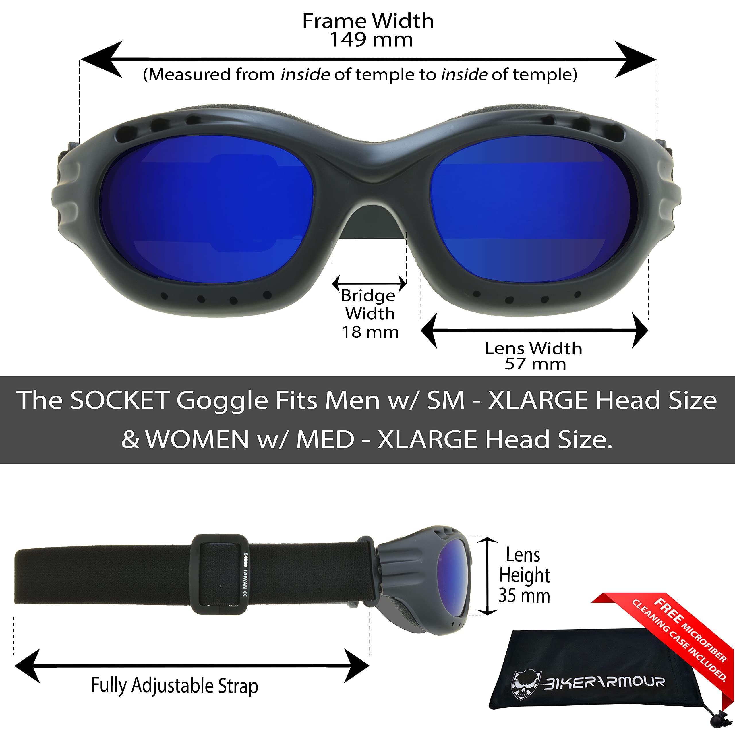 Bikershades Motorcycle Goggles Sunglasses Anti Glare Polarized Blue Mirror Lens Foam Cushion Adjustable Strap Ski Sky Diving