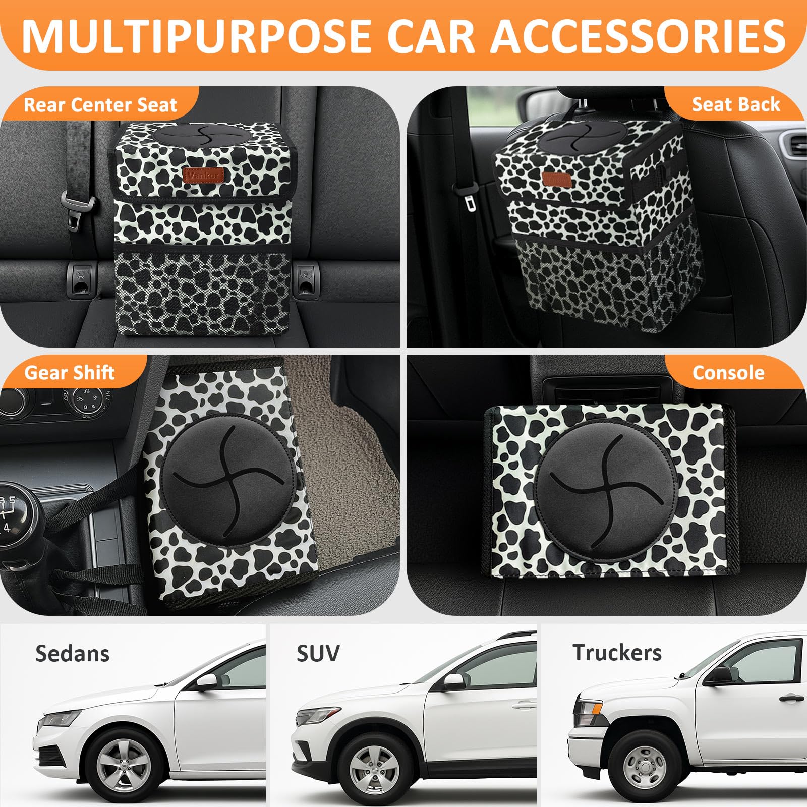 Vankor 3 Gallons Car Trash Can With Lid, Car Bag Bin Hanging Waterproof Automotive Garbage Cans Leak Proof Vehicle Trash Can Cow