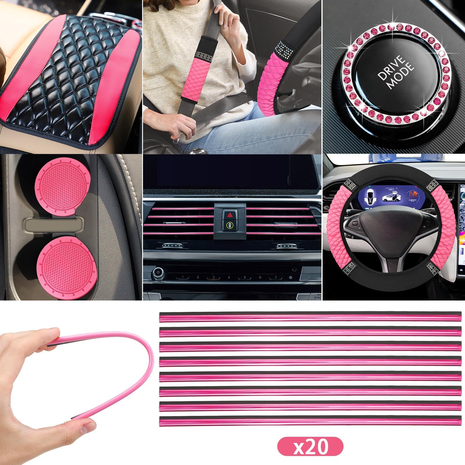 BBTO 43 Pcs Bling Car Accessories Set for Women Front Seats and Rear Bench Polyester Car Seat Protectors Wheel Cover Seat Floor