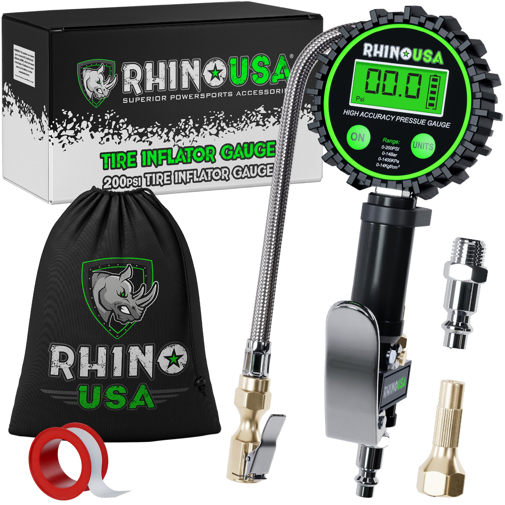 Rhino USA Digital Tire Inflator with Pressure Gauge (0-200 PSI) - ANSI B40.7 Accurate, Large 2'' Easy Read Glow Dial, Premium Br