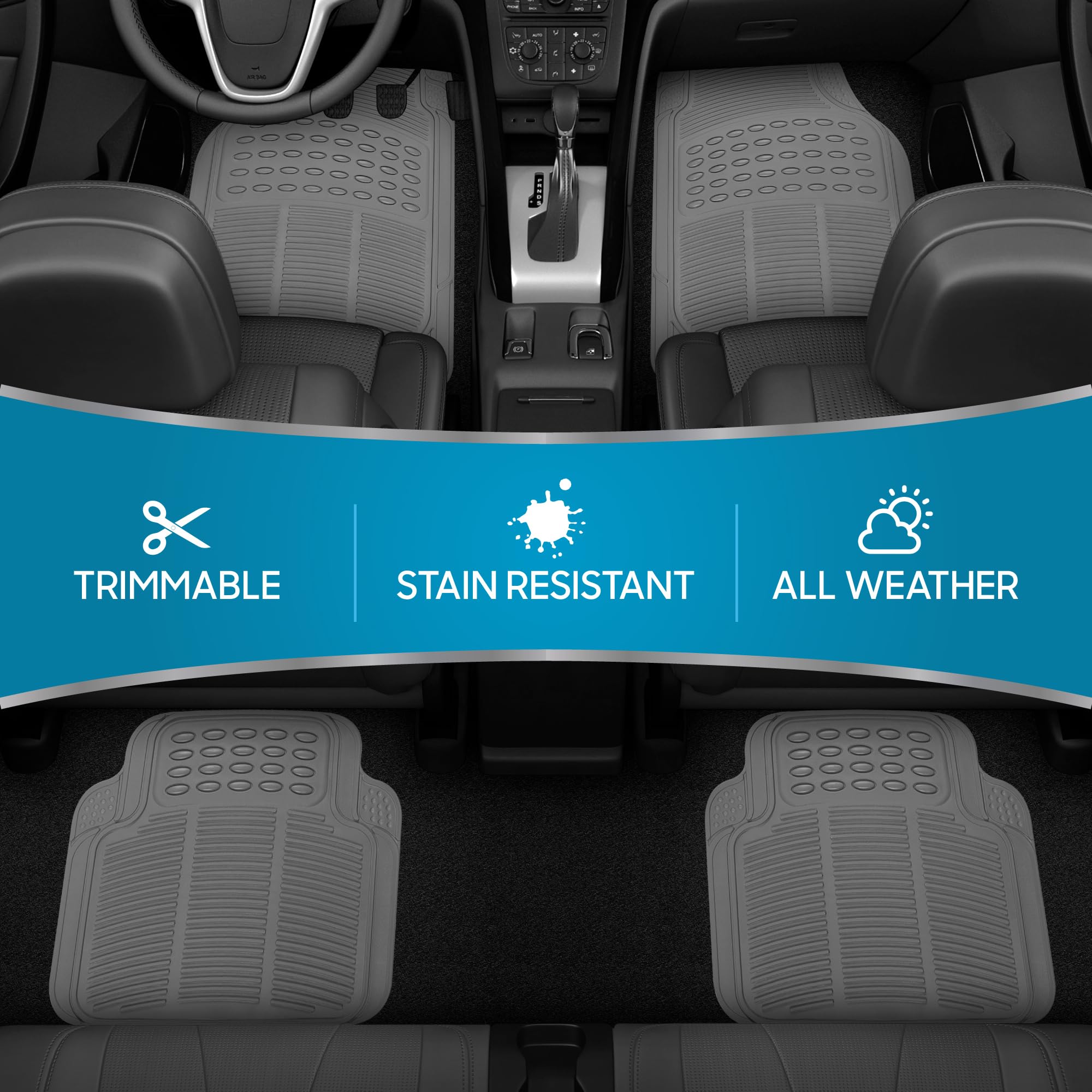 Bdk All Weather Rubber Floor Mats For Car Suv & Truck - 4 Pieces Set (Front & Rear), Trimmable, Heavy Duty Protection (Grey), 1