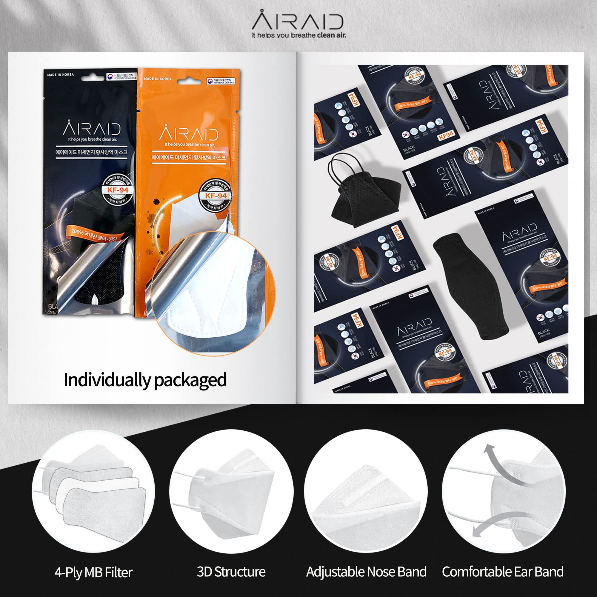 Airaid-Kf94 [Individually Wrapped] - Made In Korea, 4-Layer Filter, 3D Face Mask, Black, White, Adult And Older Teens (Black-50P)