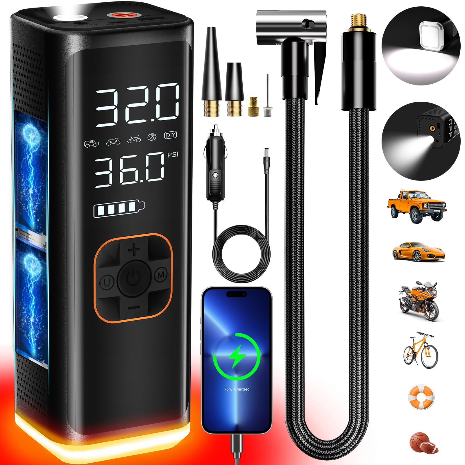 Car Tire Inflator Portable Air Compressor, 12V Dc Air Pump For Car Tires, 150Psi Portable Car Tire Inflator With Pressure Gauge/