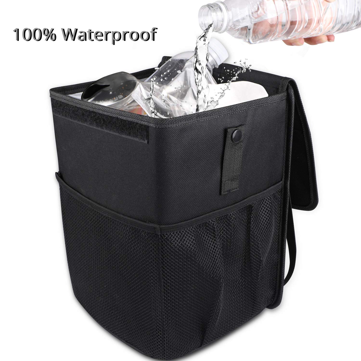 Powertiger Car Accessories Hanging Car Trash Can Bin - Car Garbage Cans Bag With Lid & 3 Mesh Storage Pockets 2.64 Gallon
