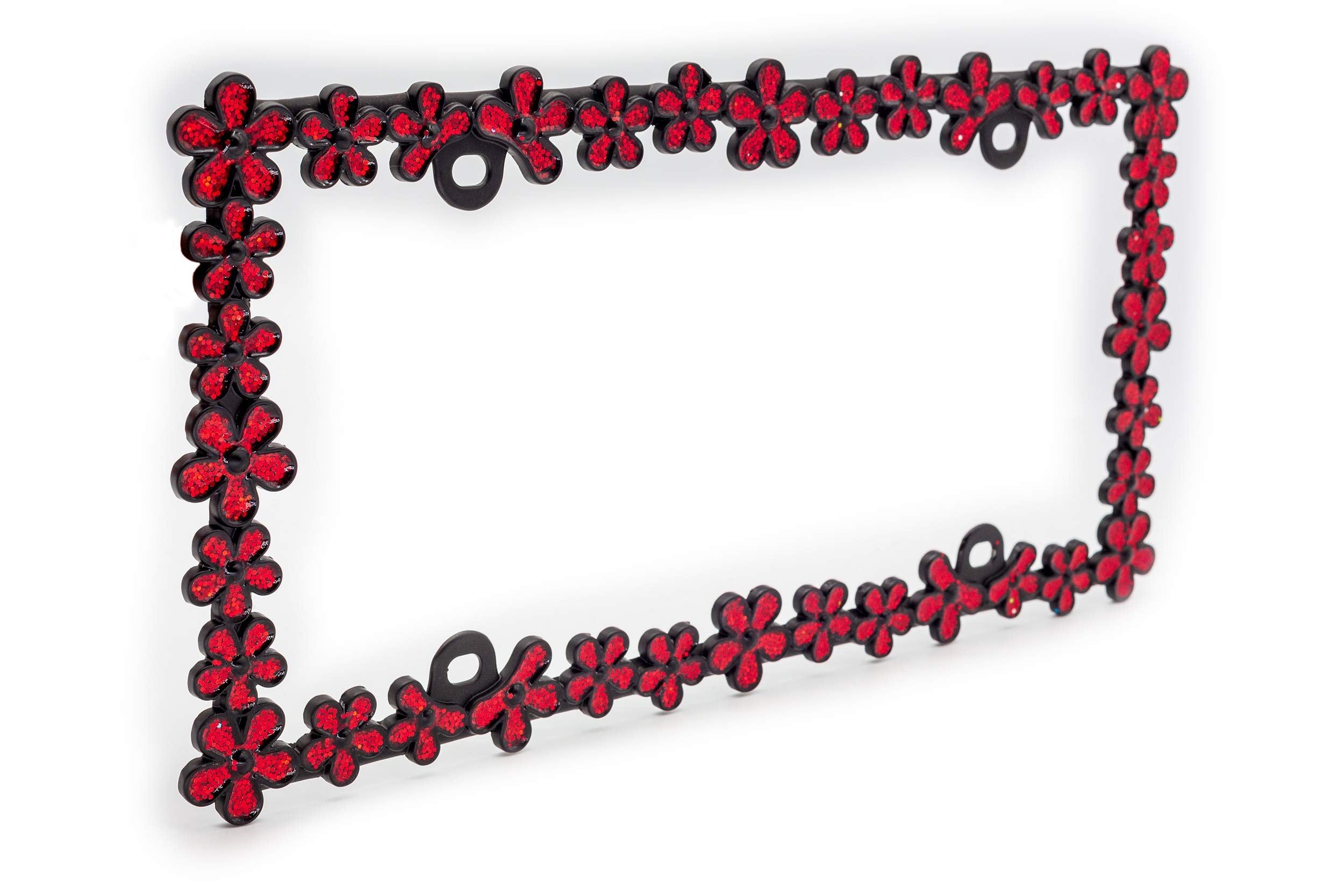 Creathome 3D Shining Daisy Wrenth License Plate Frame From Pure Zinc Alloy Metal Perfect Plate Holder,Matt Black With Red Glitte