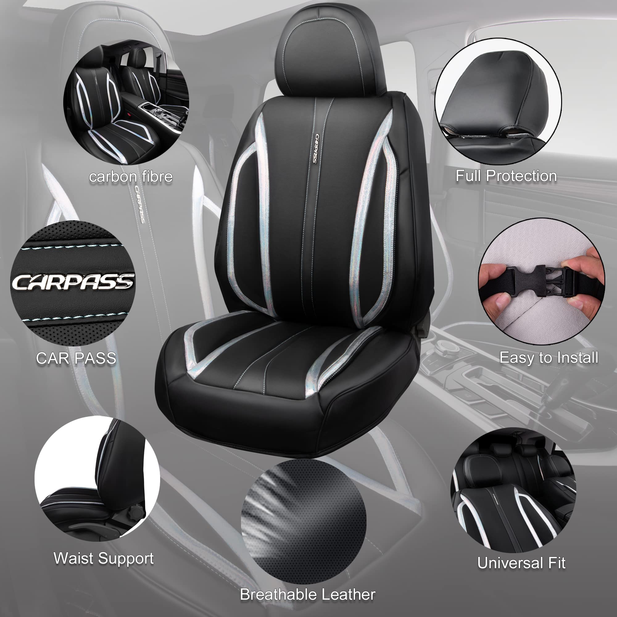 CAR PASS Nappa Leather Holographic Laser Car Seat Covers Front Seats Only Cushioned, Waterproof Waist Protector Universal fit fo