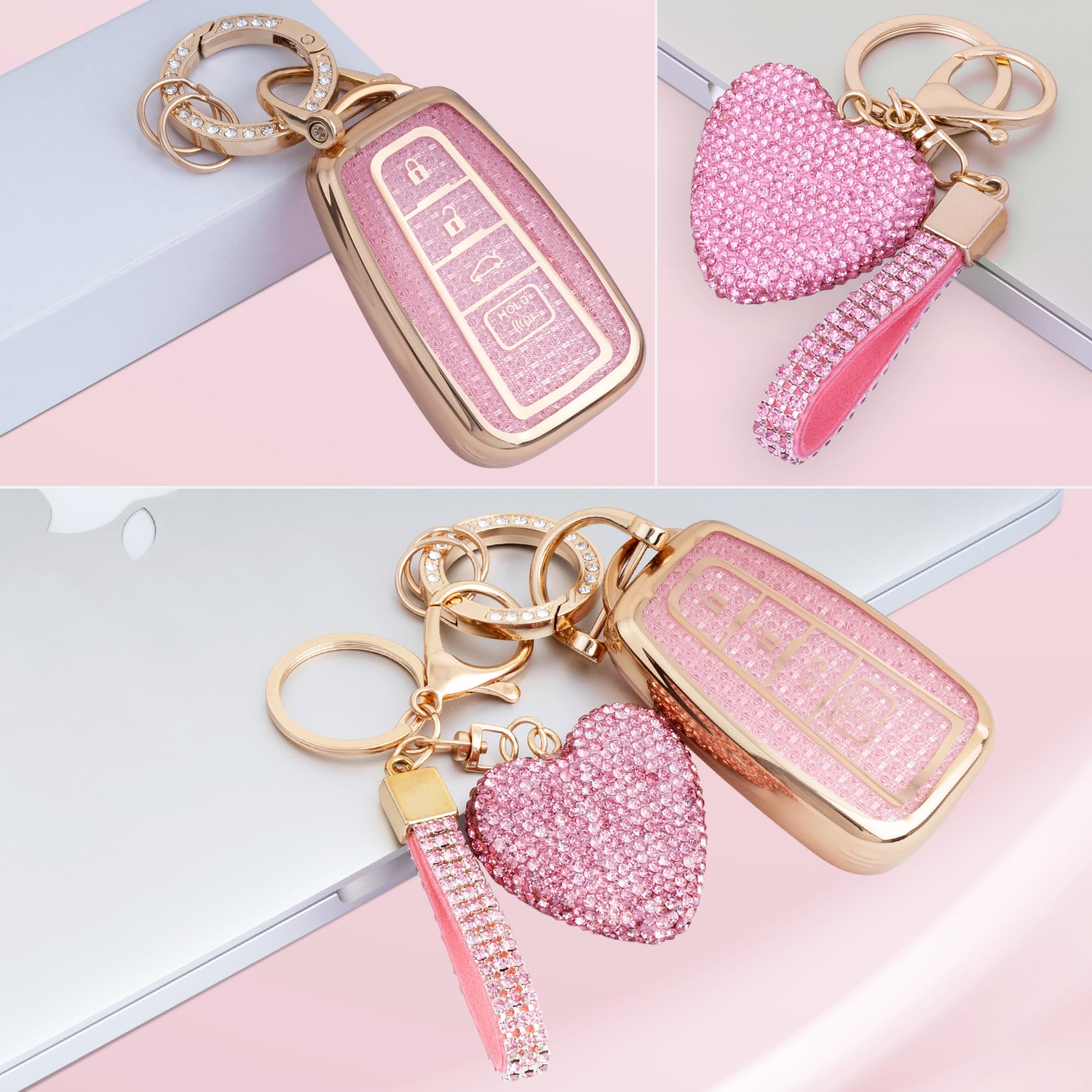 Meruns for Toyota key fob cover with Diamond Bling Keychain, Car Accessories Key holder Shell Full Protection for 2018-2024 High