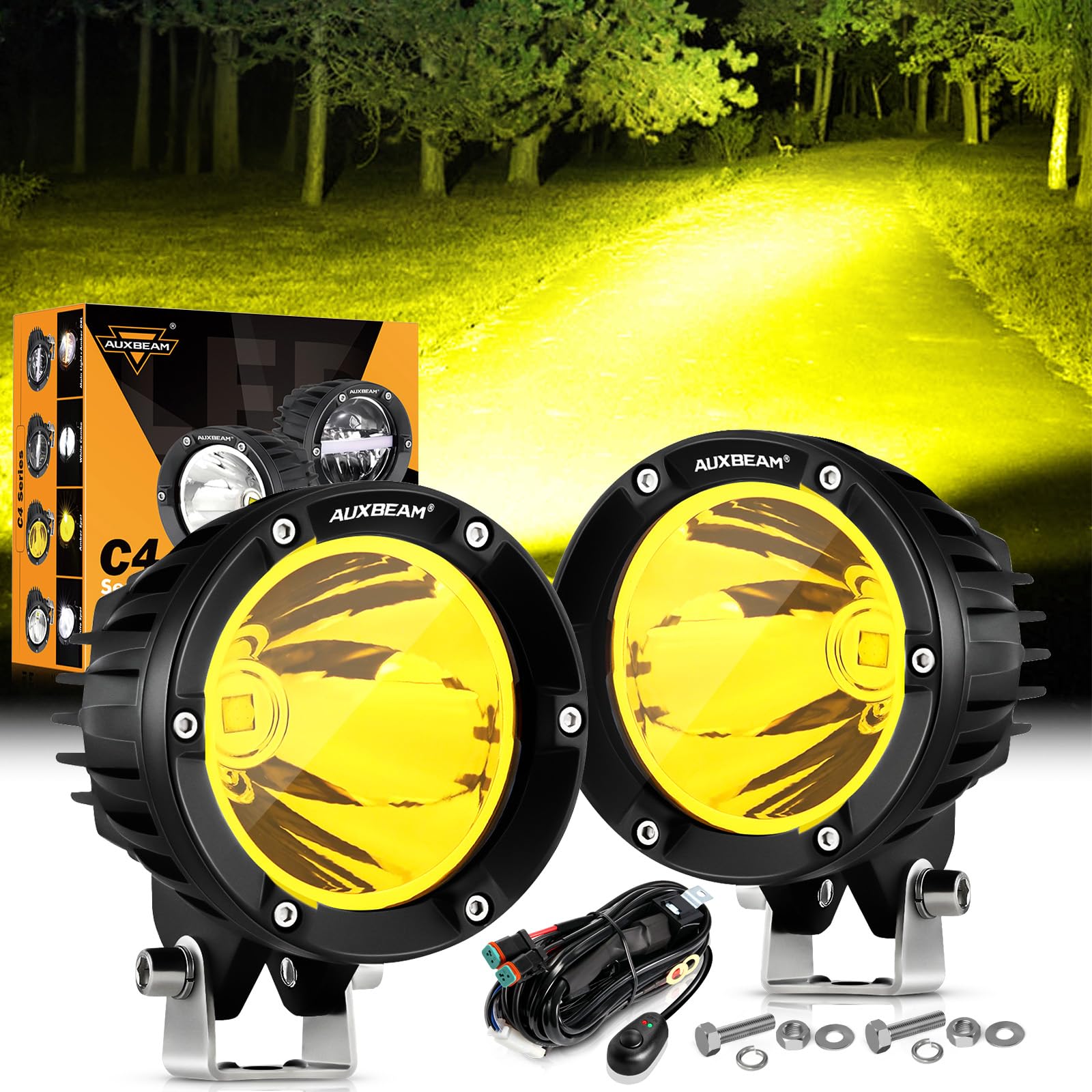 Auxbeam 4In 72W Amber Fog Light, Round Led Offroad Light, 2Pcs 7200Lm Amber Light Pod With Wiring Harness Kit, Super Bright Driv