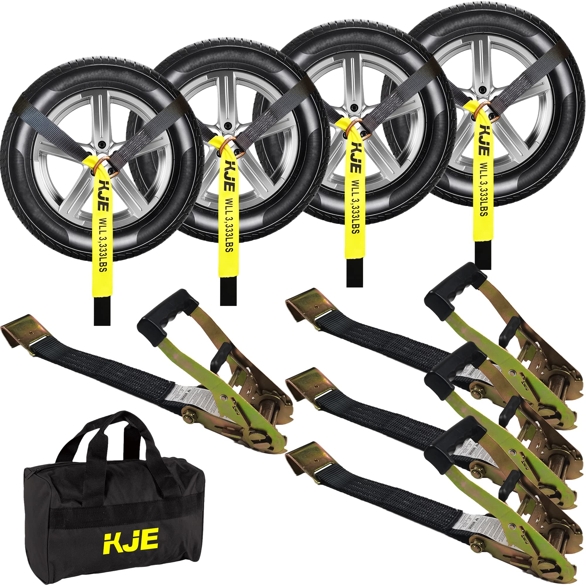 KJE 4 Pack Car Tie Down Straps for Trailers - Tire Ratchet Strap with Flat Hooks - 2 '' x 10 ' 10,000LBS Break Strength - Lasso 