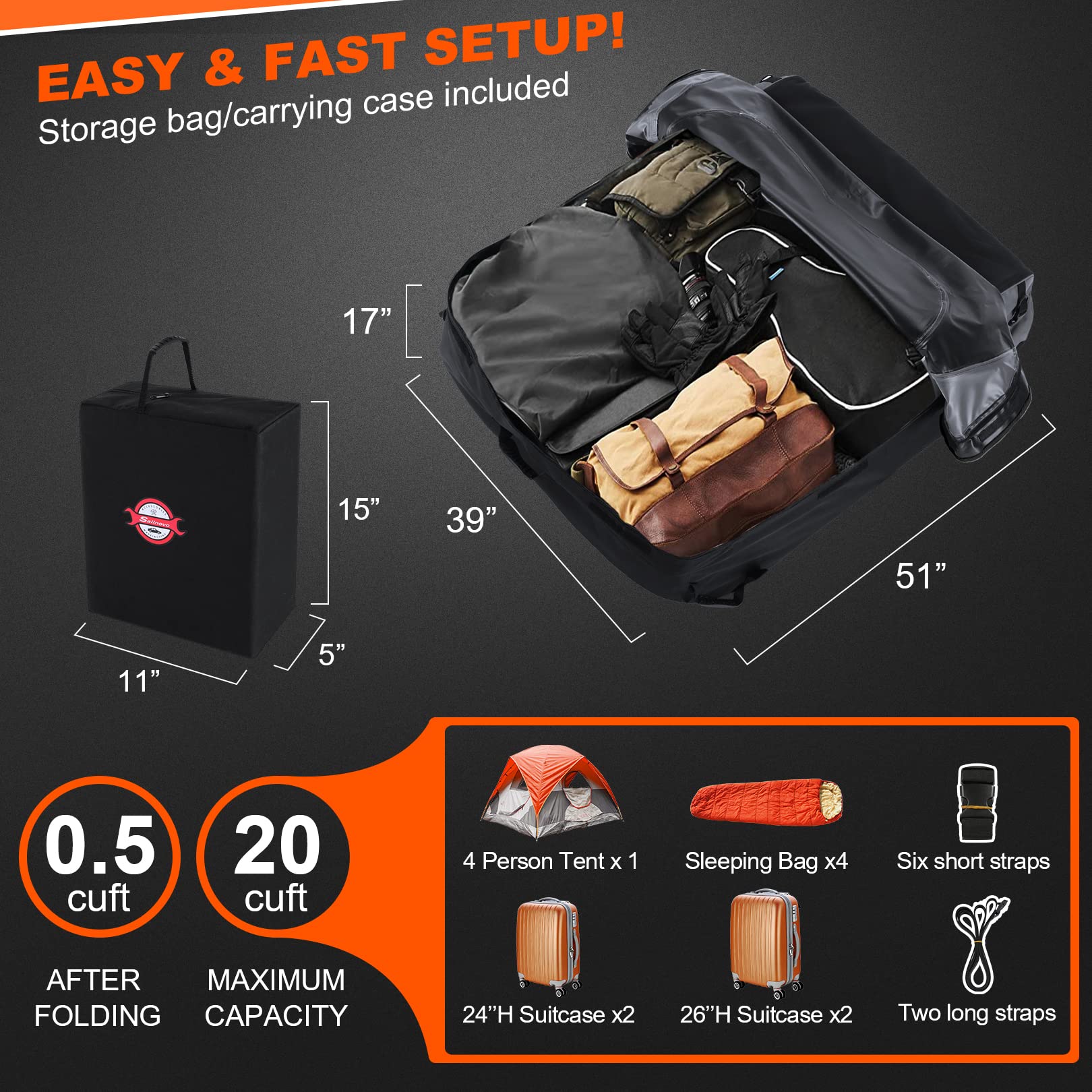 Car Rooftop Cargo Carrier Roof Bag, 20 Cubic Feet Waterproof Roof Top Cargo Carrier For All Cars With Without Luggage Rack, Vehi