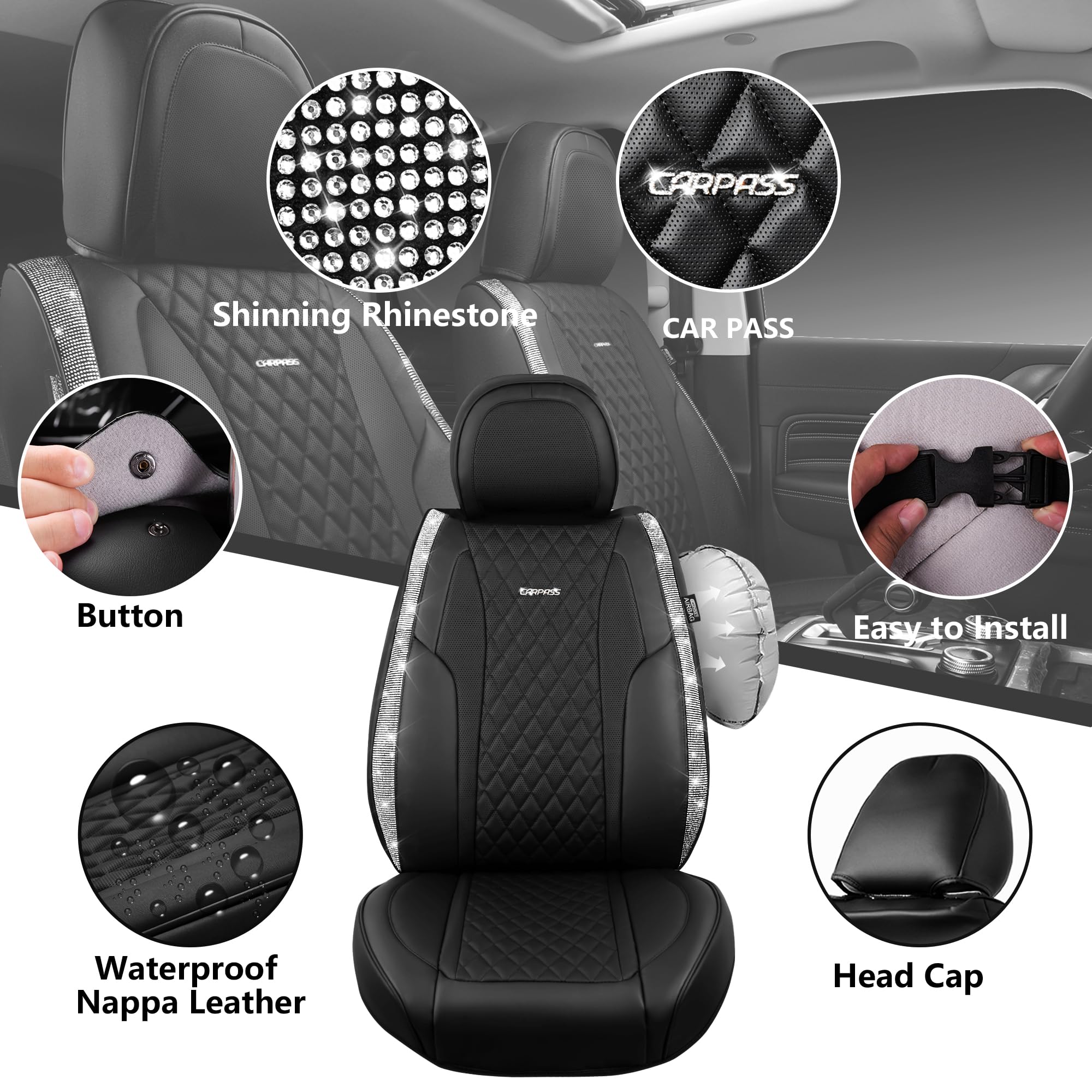 Car Pass Bling Leather Car Seat Covers & Black Nappa Leather Calfskin Seat Cushioned Protector, Waterproof Anti-Slip Universal F