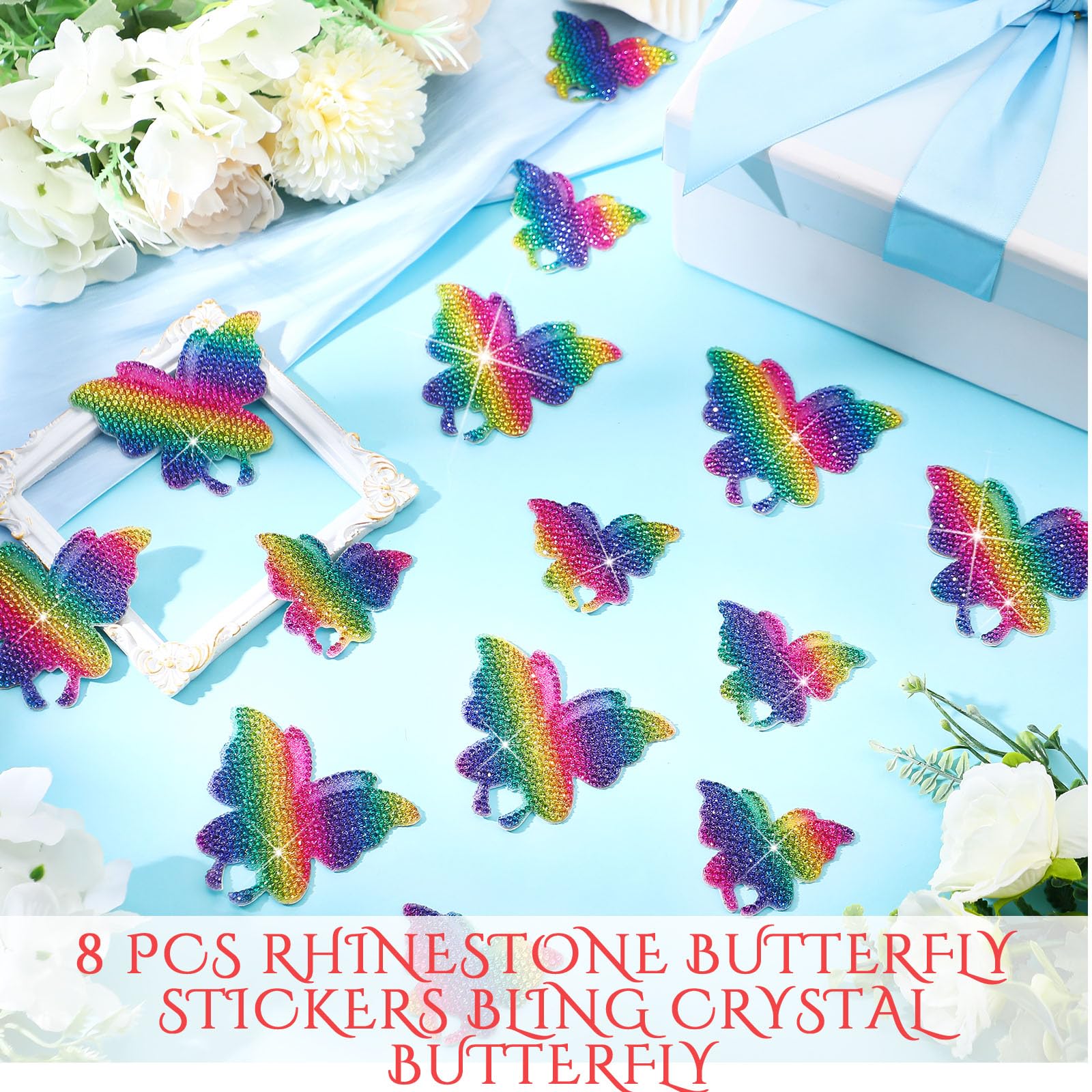 Frienda 8 Pcs Bling Butterfly Car Decals Women Crystal Rhinestone Shiny Butterfly Stickers Accessories For Car Body Bumper Windo