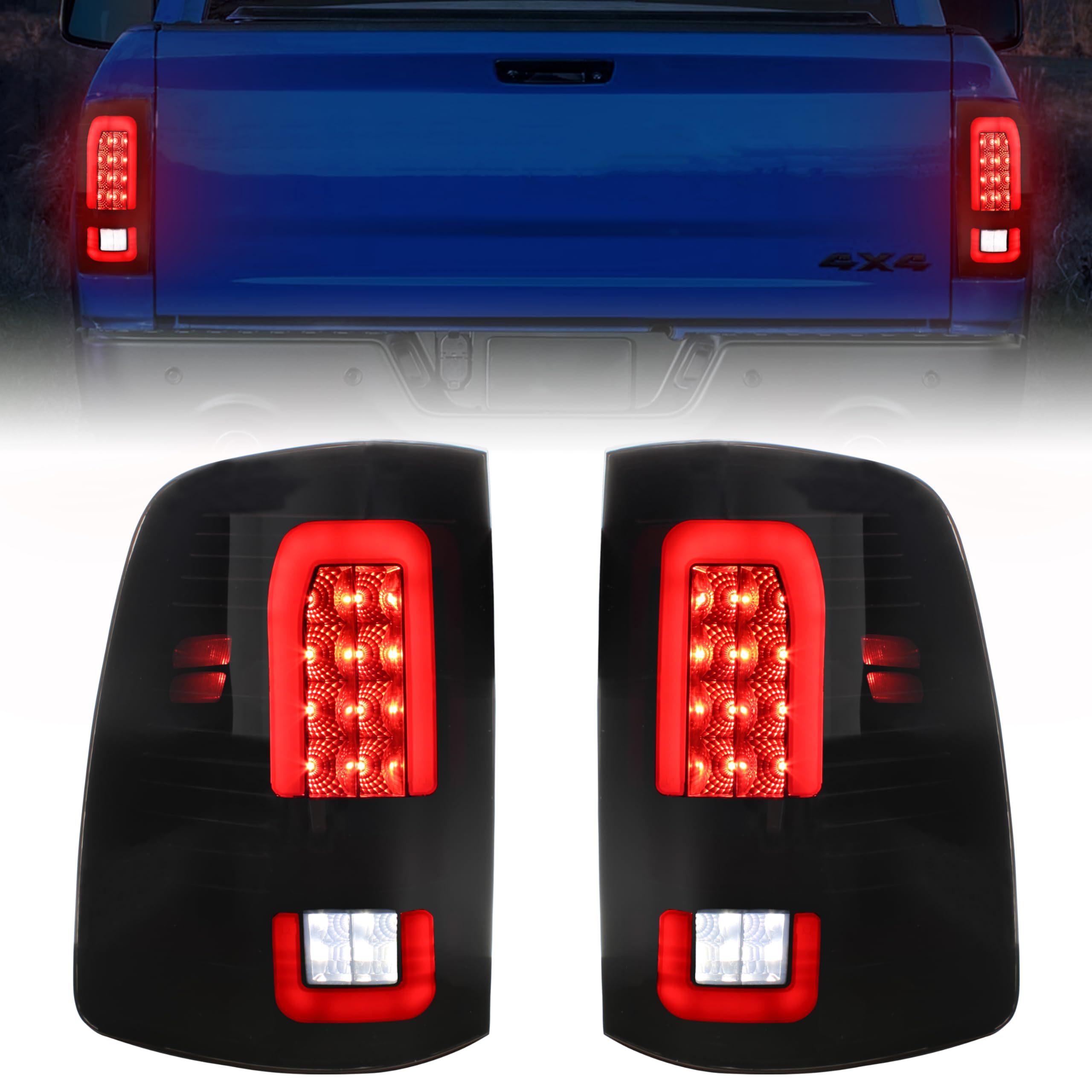 KEWISAUTO Full LED Tail Light for Dodge RAM 2009-2018, NEW UPGRADE Smoked Black LED Reverse Light Rear Brake Light Taillights fo