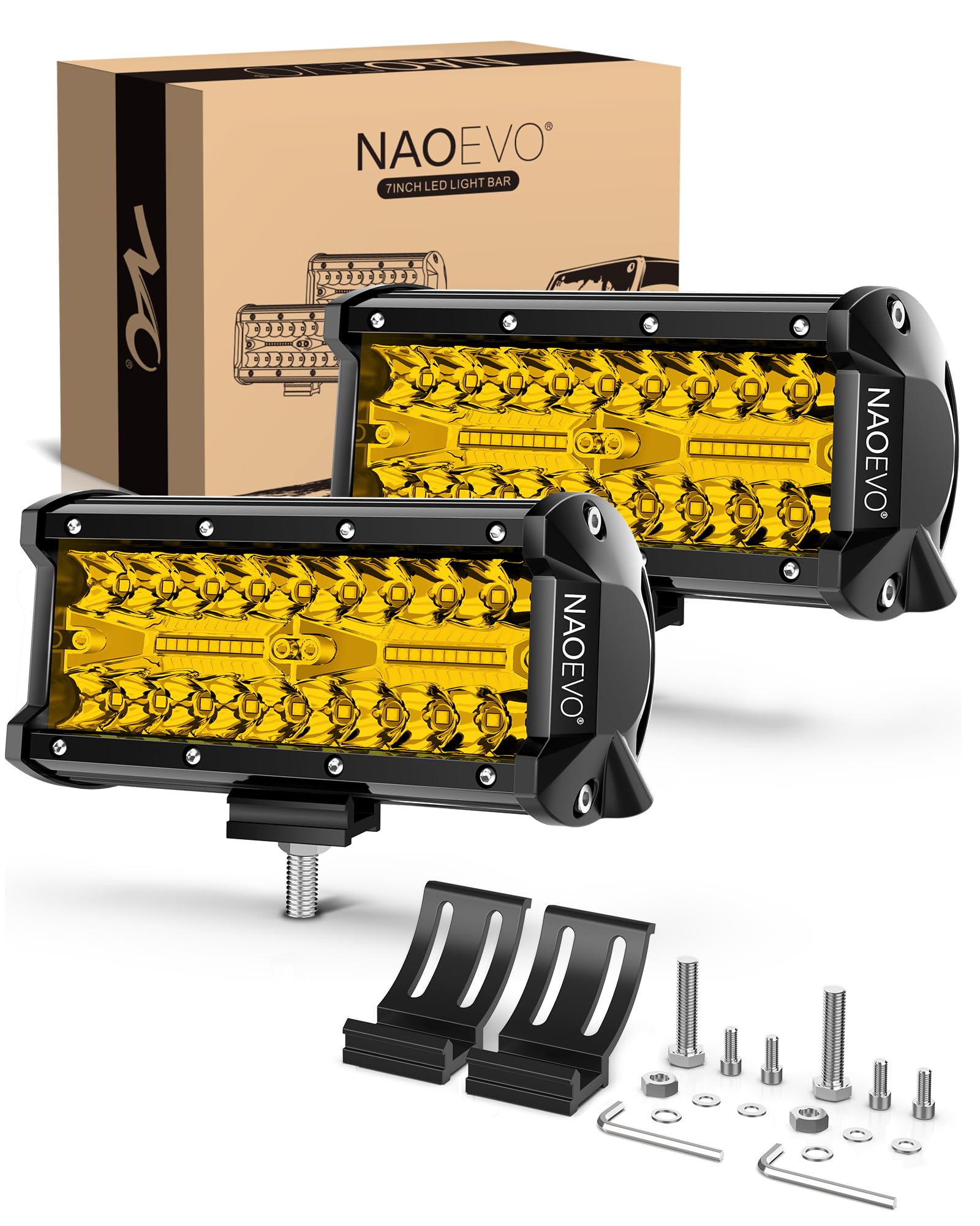 Naoevo 7 Inch Yellow Led Light Bar, 240W 24,000Lm Led Pods/Off Road/Fog/Driving Lights With Spot Flood Combo For Truck Boat Utv