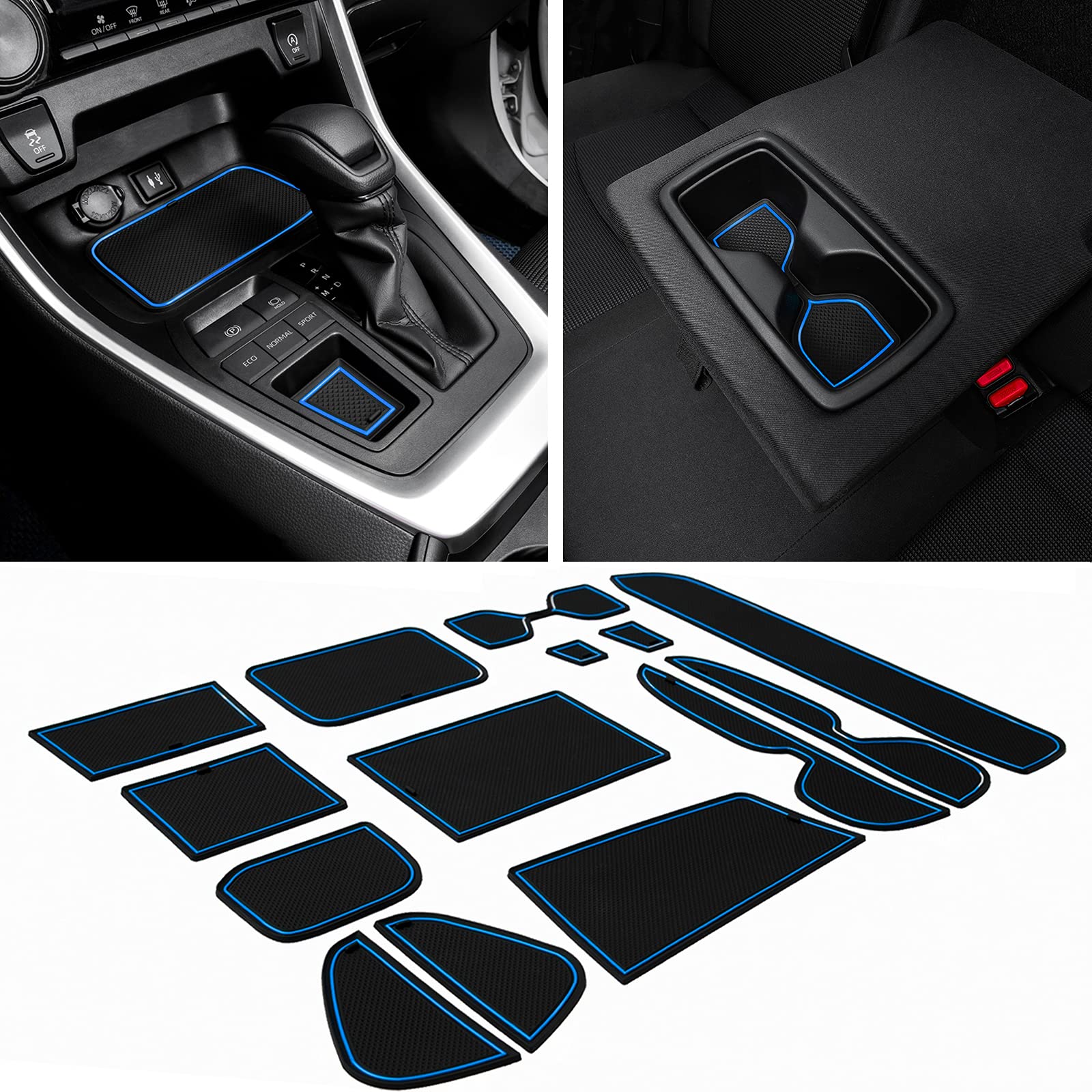 Jdmcar Liner Accessories Compatible With Toyota Rav4 2024 2023 2022 2021 2020 2019 And 2021-2024 Rav4 Prime, Custom Fit Cup Holder, Center Console, And Door Pockets Inserts Kit (Blue Trim) - 15 Pc Set
