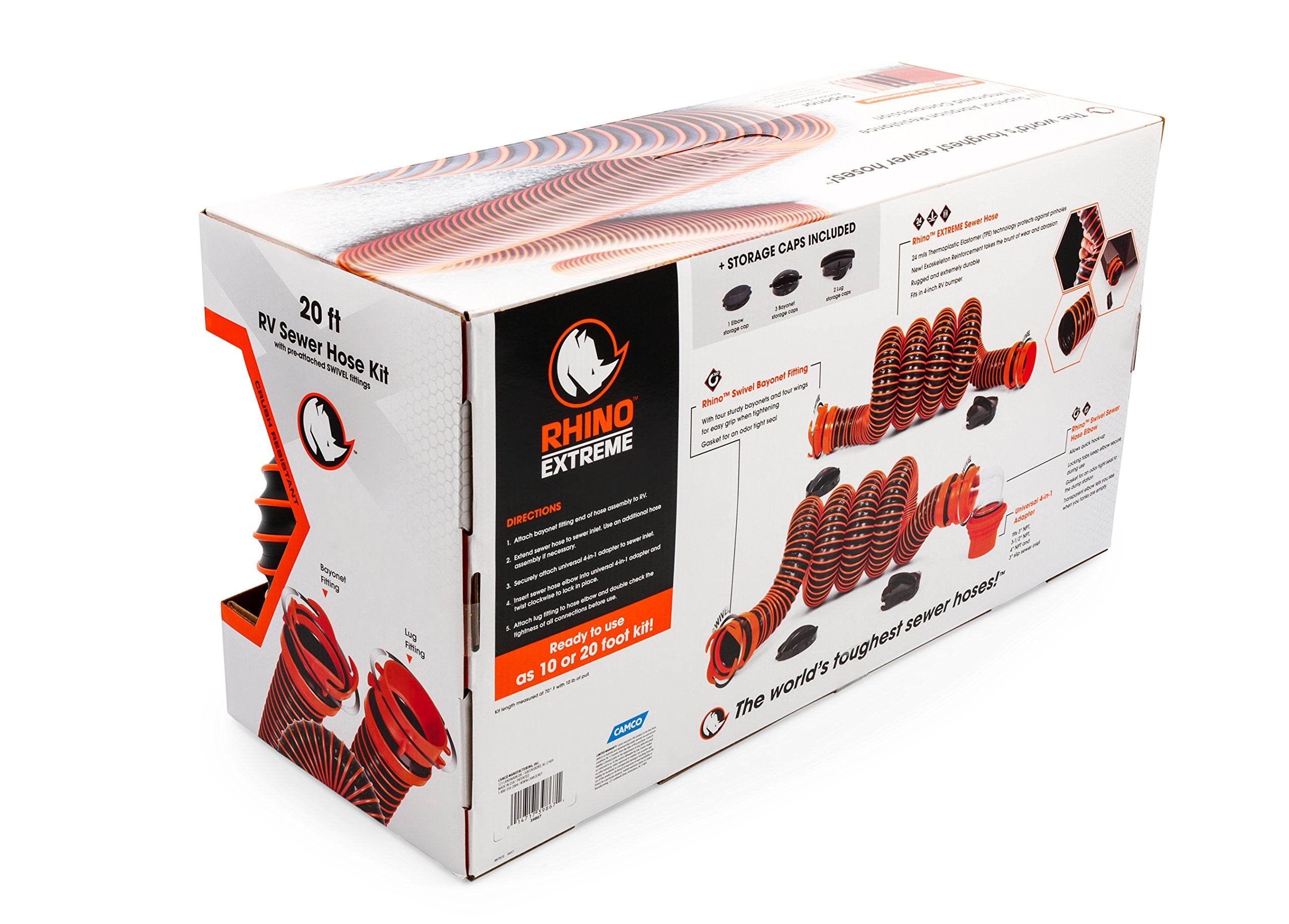 Camco Rhinoextreme 20-Foot Camper/Rv Sewer Hose Kit | Features Tpe Technology For Abrasion Resistance And Crush Protection | Includes Pre-Attached Rhino Swivel Fittings (39867)