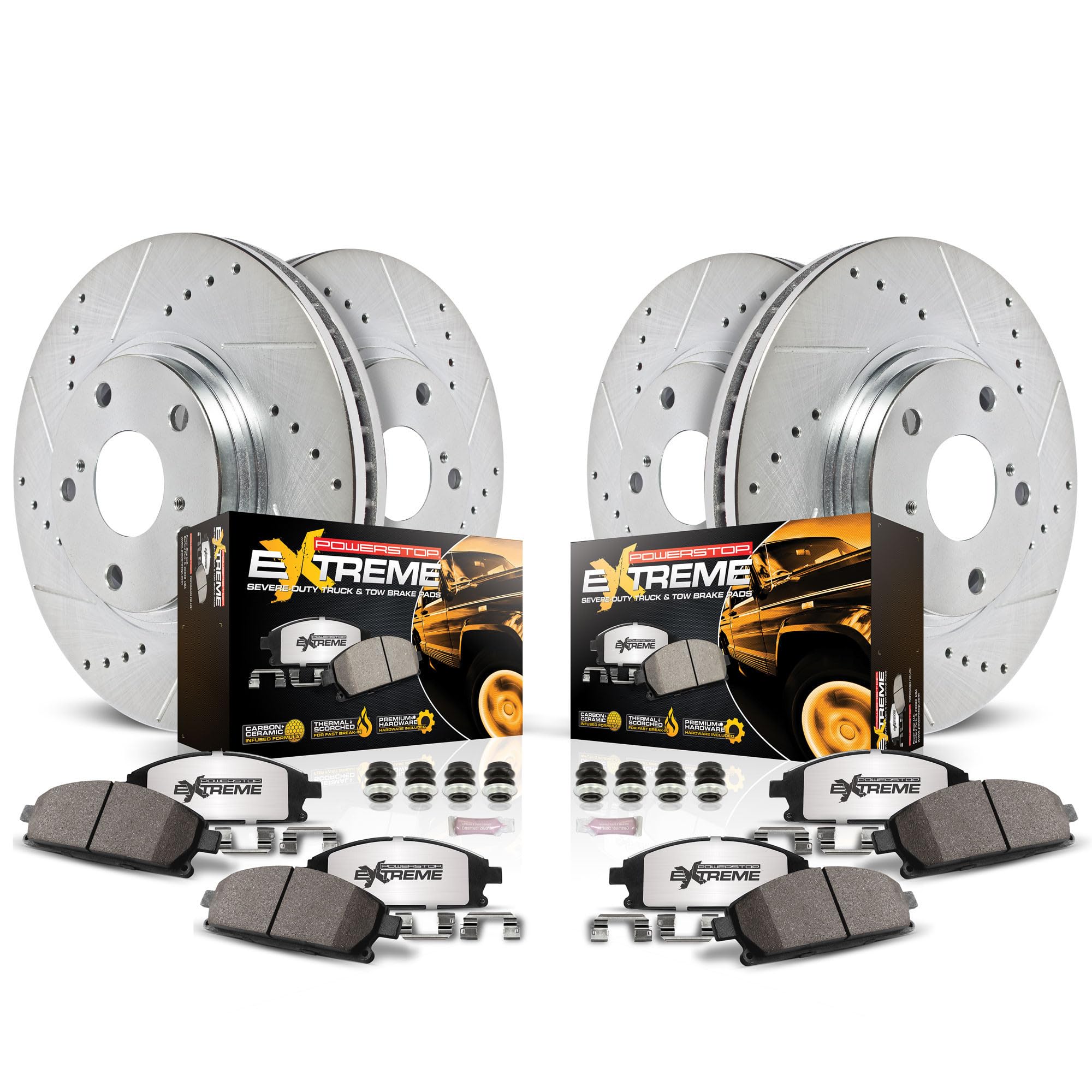 Power Stop Front and Rear Z36 Truck & Tow Carbon-Fiber Ceramic Brake Pads with Drilled and Slotted Rotors Brake Kit [Vehicle Spe