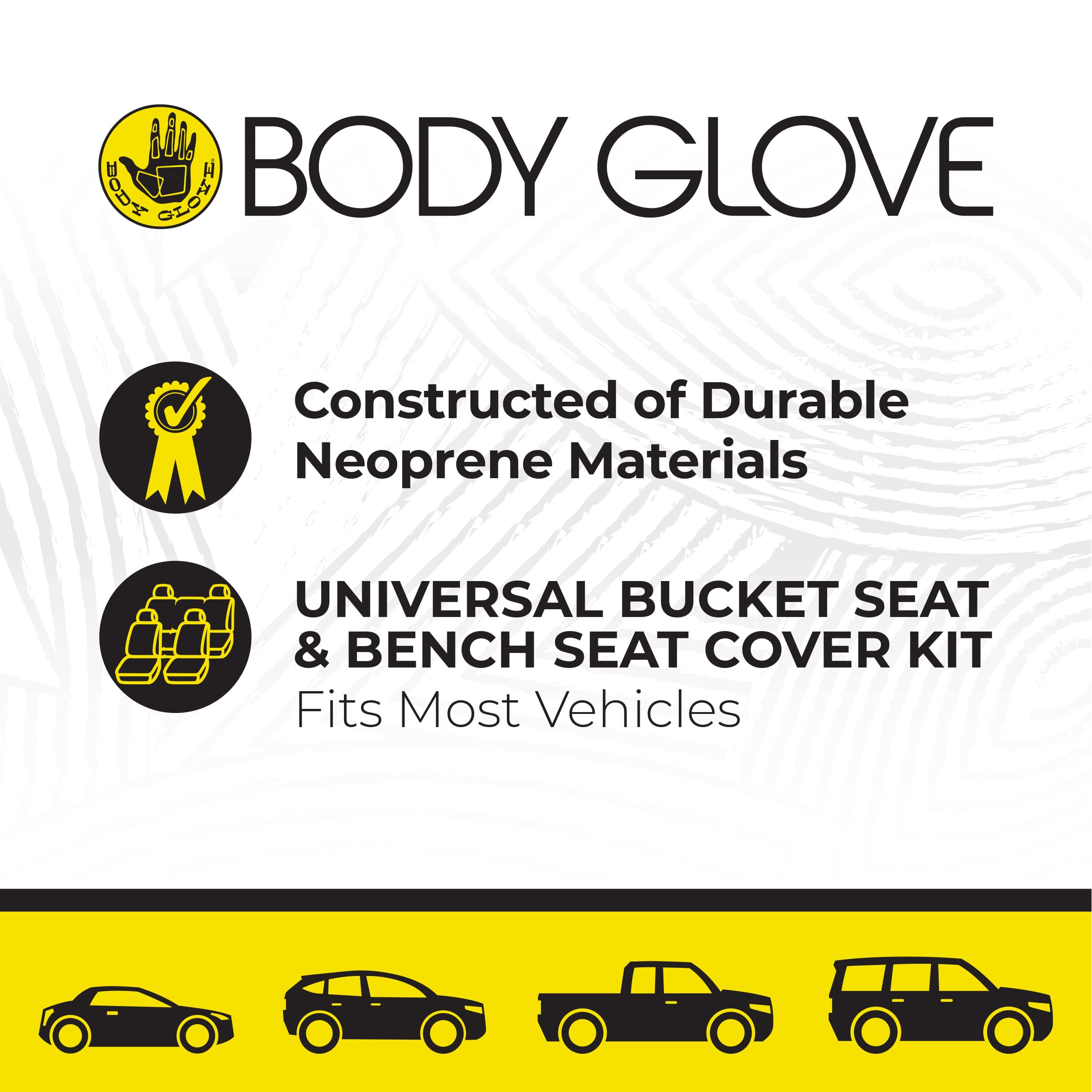 Body Glove Neoprene Seat Cover Kit, Universal Fit for Bucket & Bench Seats, Black, Model 22-1-70418-9, Easy Installation, One Size