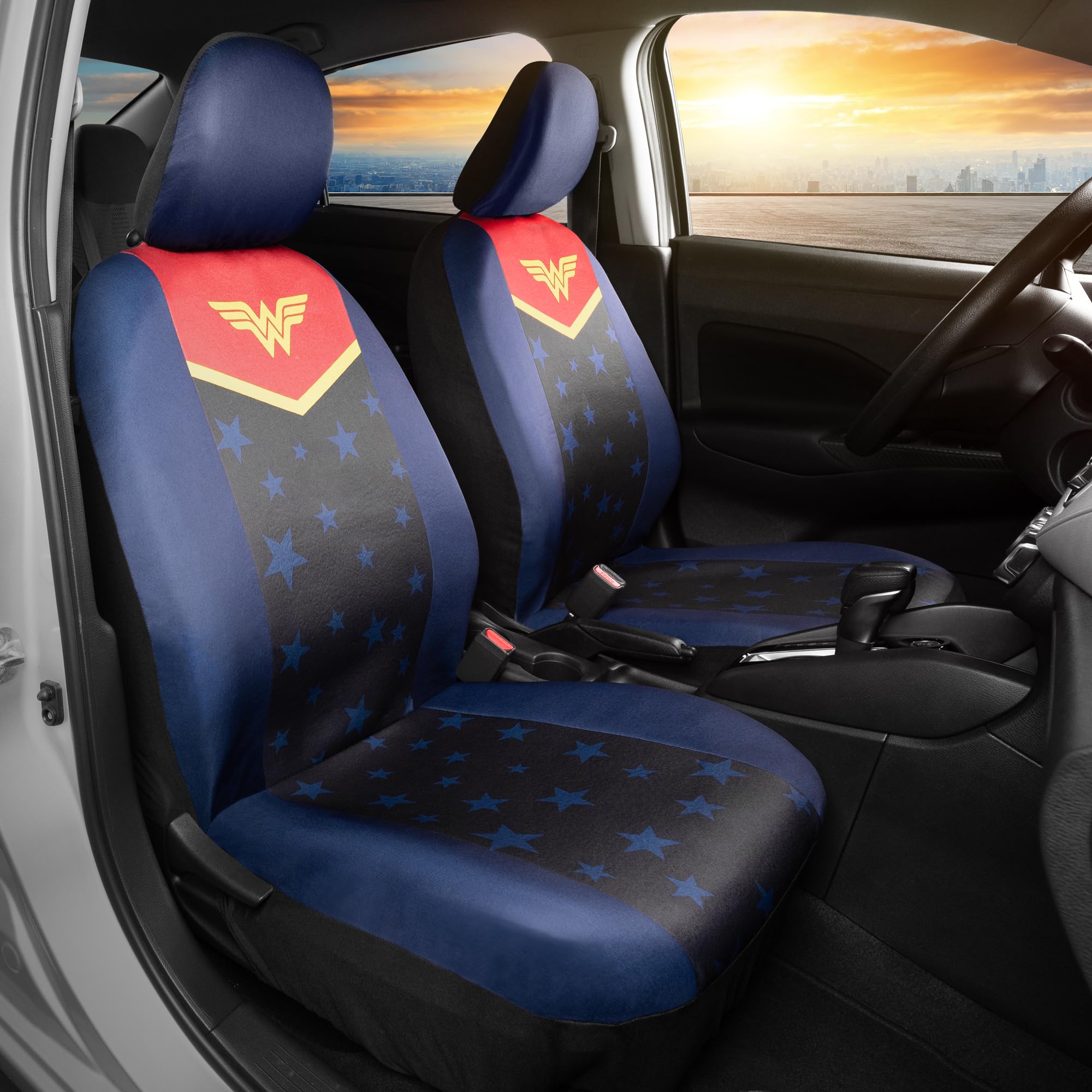 Bdk Warner Bros Dc Comics Wonder Woman Car Accessories Seat Covers - Front Pair Includes Removable Head Cover, Matching Seat Bel