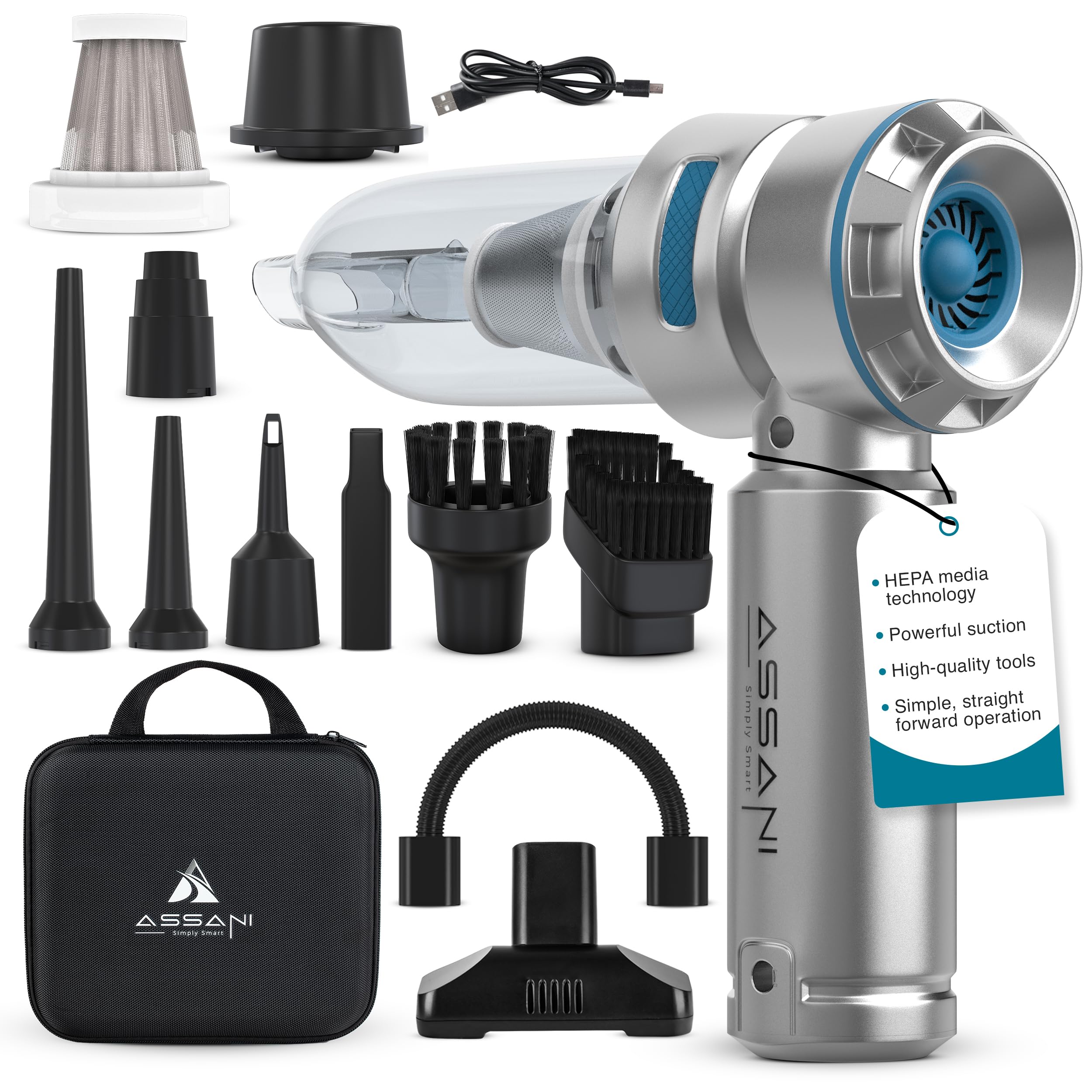 Assani 3 In 1 Portable Cordless Car Vacuum Cleaner With 15000Pa High Power Suction & Air Duster Up To 30 Mins Runtime - Recharge