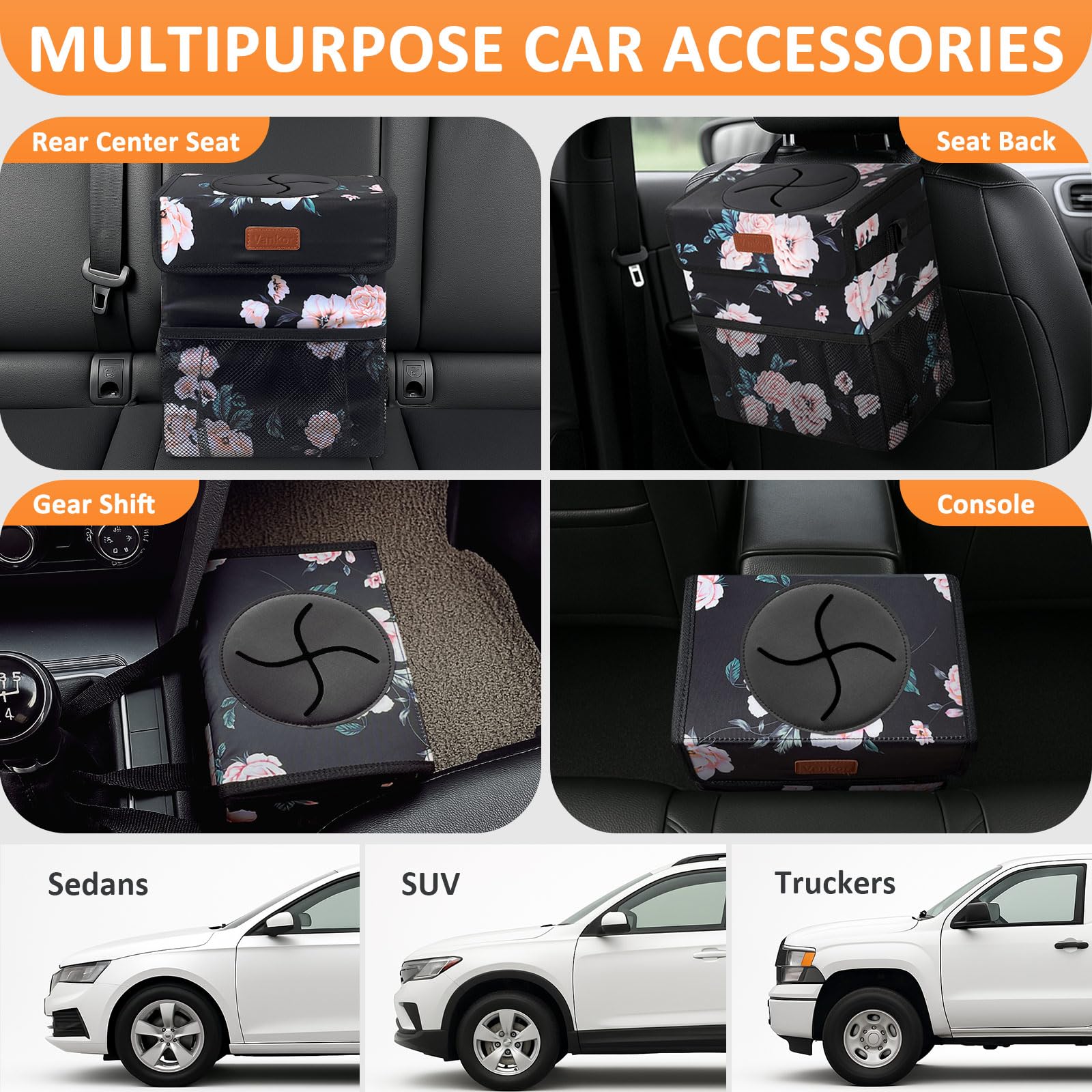 Vankor 3 Gallons Car Trash Can With Lid, Car Bag Bin Hanging Waterproof Automotive Garbage Cans Leak Proof Vehicle Trash Can Bla