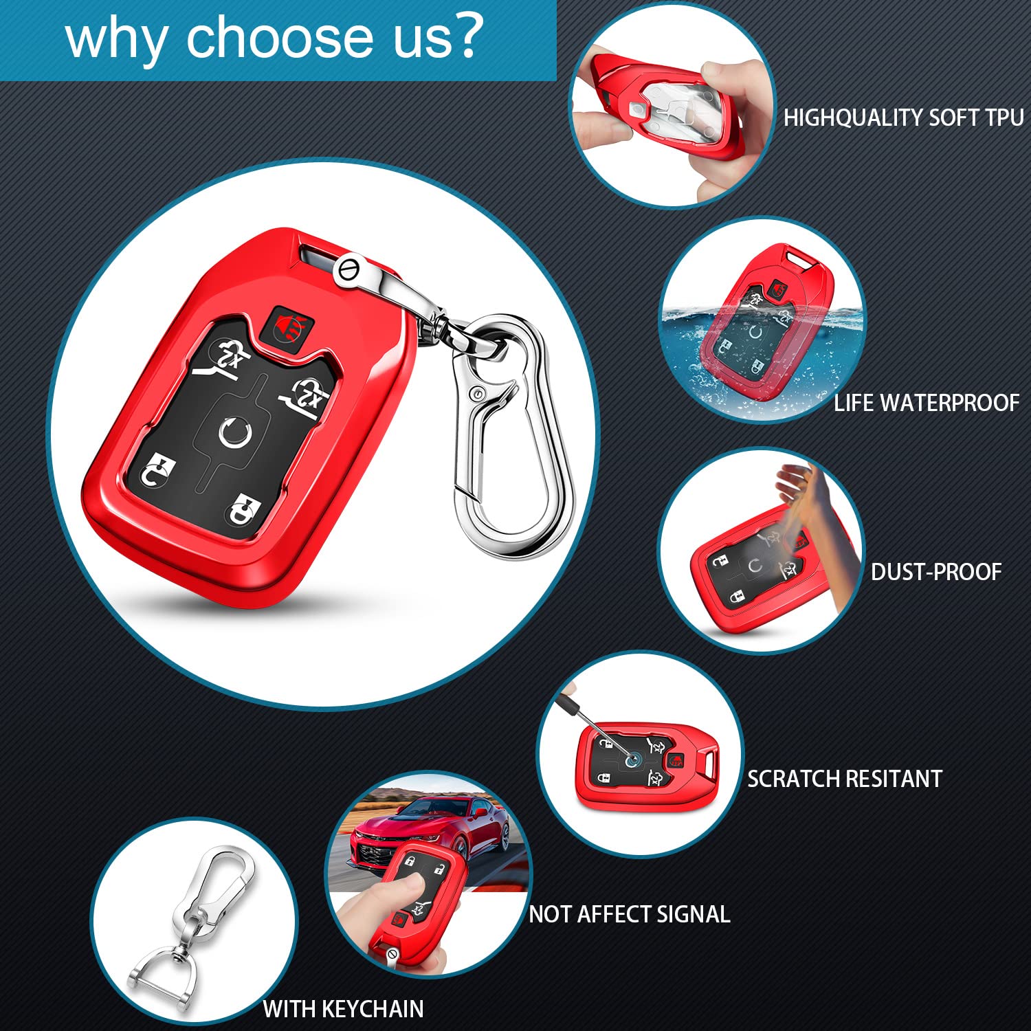 Qbuc For Gmc Key Fob Cover Tpu Protector Case With Keychain For 2019-2021 Chevrolet Chevy Silverado And Gmc Sierra 1500 2500Hd 3500Hd Terrain Acadia Yukon Key Cover Smart Remote 3/4/5/6 Button(Red)