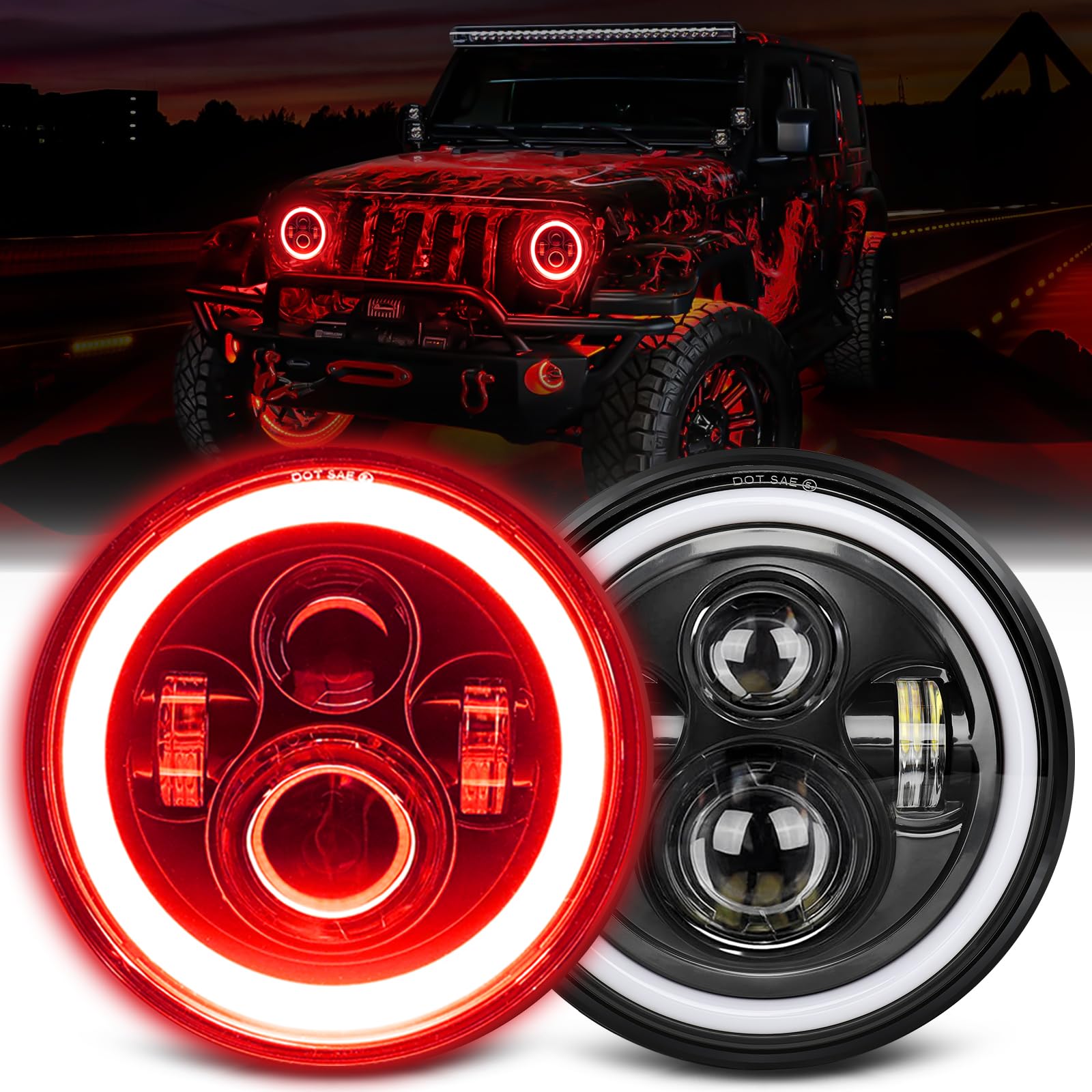 Uni-Shine 7 Inch Red Halo Led Headlight Hi/Lo Beam With Amber Turn Signal 2Pcs 7 Inch Led Headlight Dot Round H6024 Led Headligh