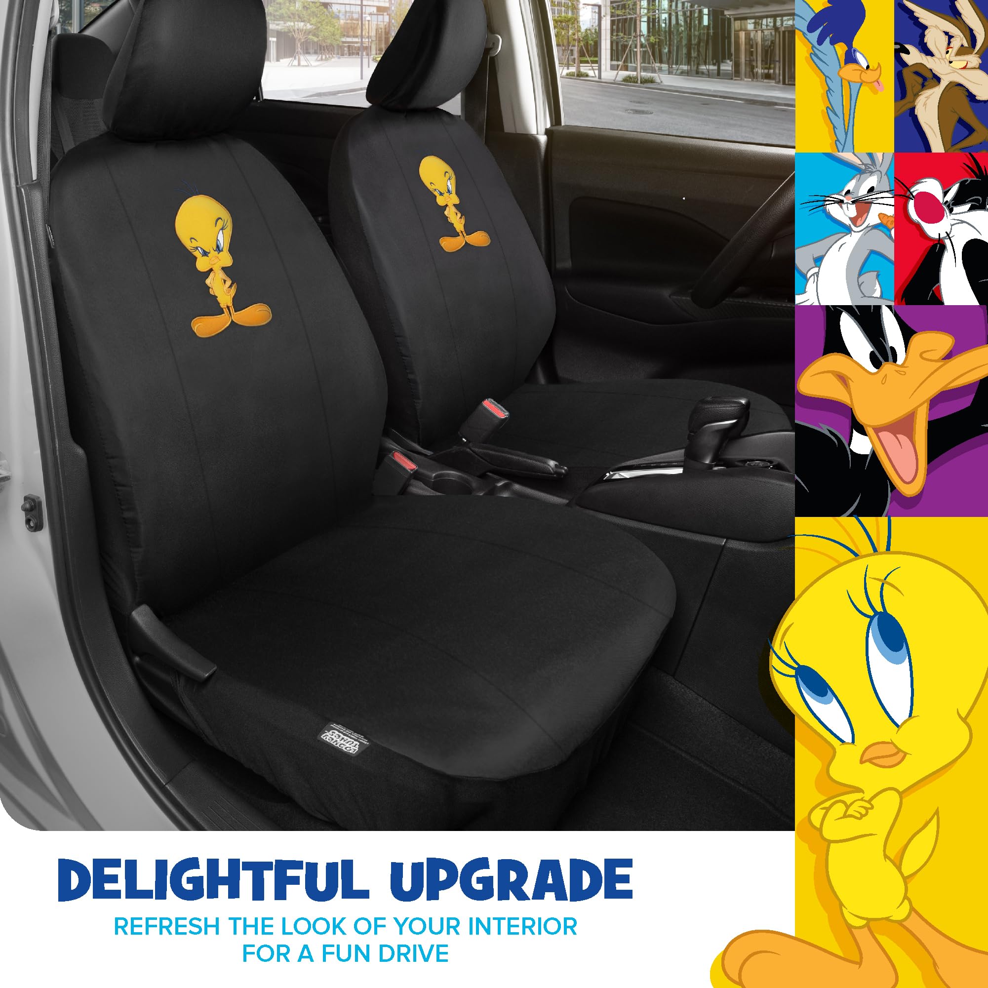 Bdk Warner Brothers Looney Tunes Tweety Bird Front & Rear Car Seat Covers Full Set - Easy To Install Durable & Stylish Polyester