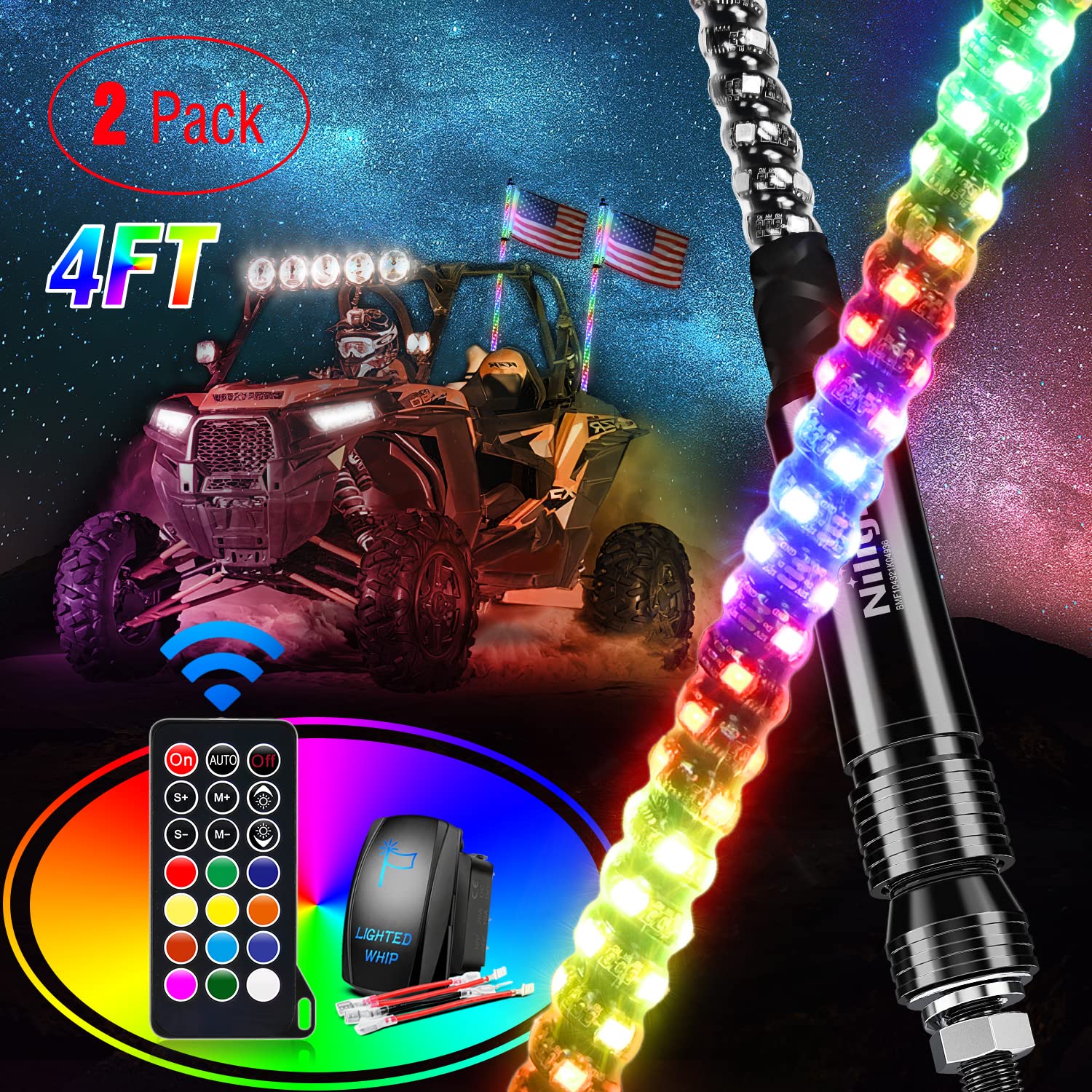 Nilight 2Pcs 4Ft Spiral Rgb Led Whip Light W/Rgb Chasing Light Rf Remote Control Lighted Antenna For Can-Am Atv Utv Rzr Polaris
