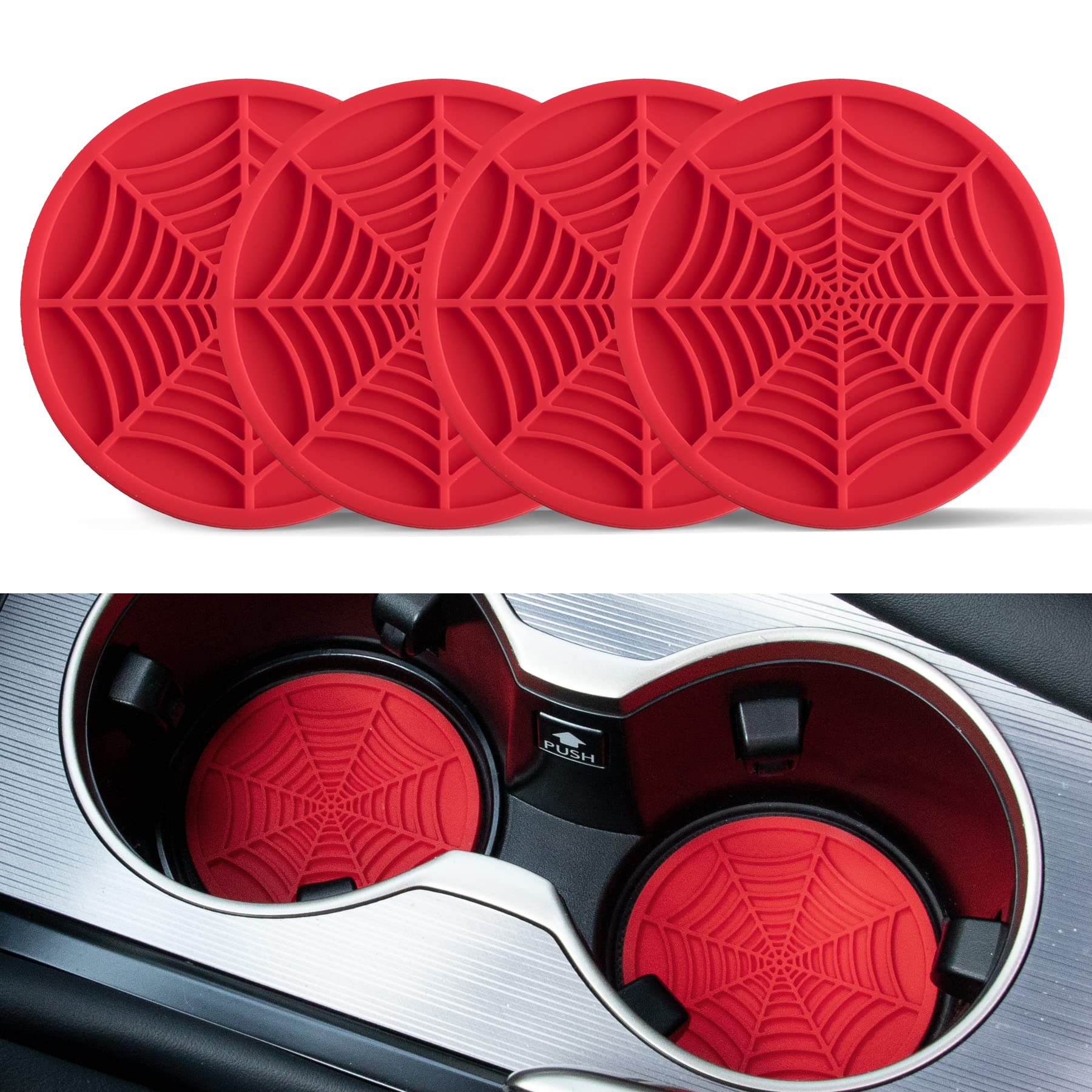 Alpmosn 4Pcs Spider Web Car Coasters For Cup Holders, Halloween Funny Non-Slip Silicone Insert Ornaments Coasters, Automotive Cu